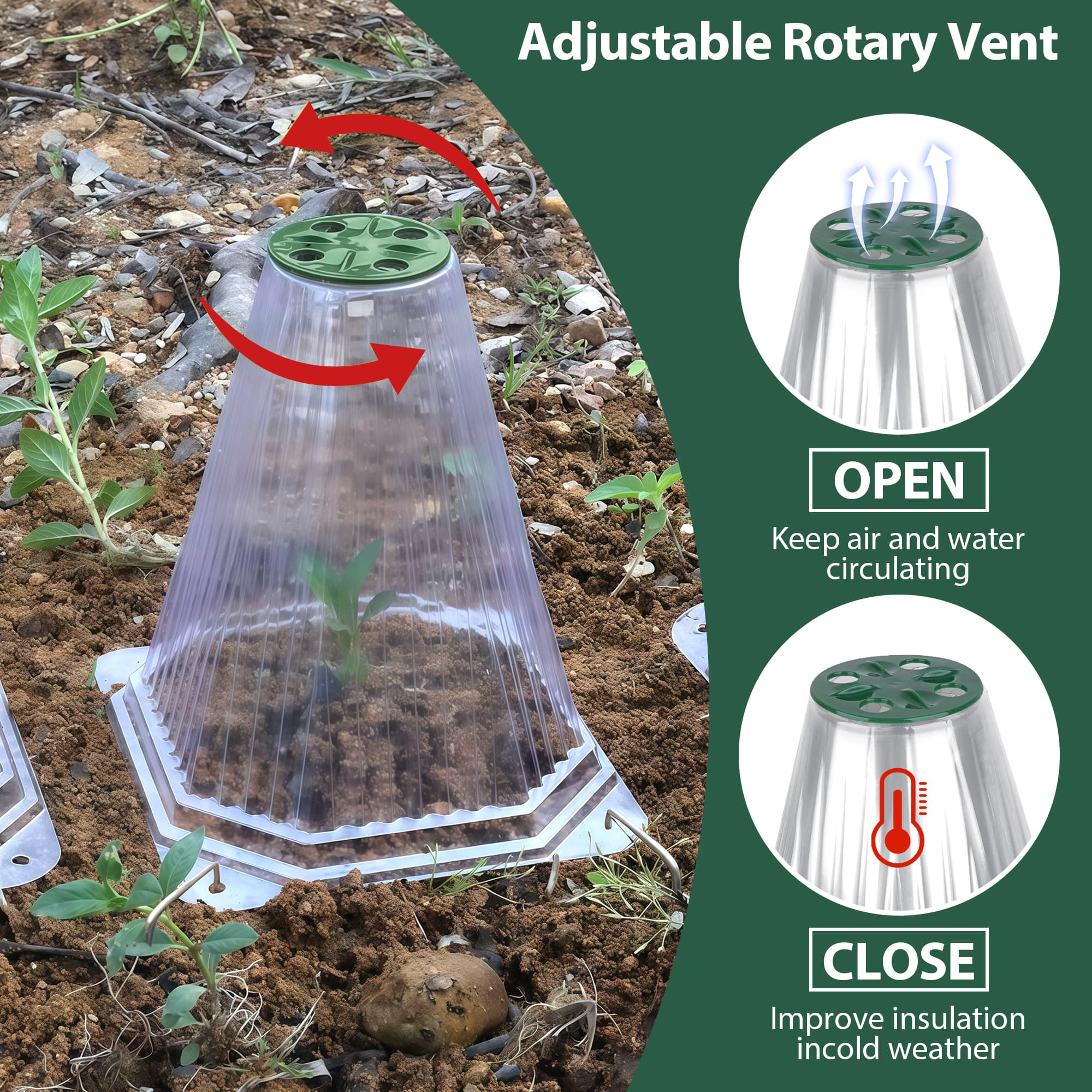 20 Pcs Garden Cloches for Plants, Plant Covers with Adjustable Clips & 40 Stakes, Freeze Protection & Animal Defense, Reusable Plant Protectors with Rotatable Vent for Tomato/Vegetable Seedlings - 3