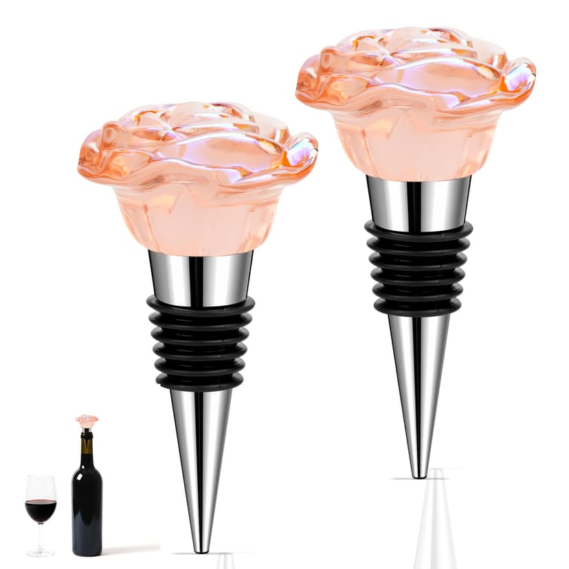 ReignSword 2 Pcs Rose Wine Stoppers, Reusable Bottle Sealer for Standard Wine Bottles, Decorative Wine Toppers Saver Accessories & Gifts for Wine Lovers/Wedding Favors