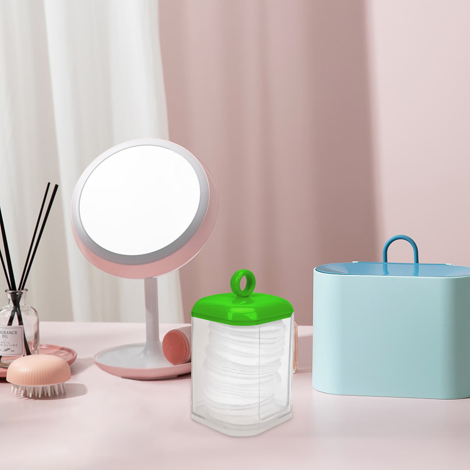 ReignSword Double Layer Cotton Swab Holder Dispenser, Plastic Storage Containers with Lid for Bathroom Vanity Countertop, Clear Bathroom Canisters for Cotton Swab, Ball, Cotton Pad (Green) - 4