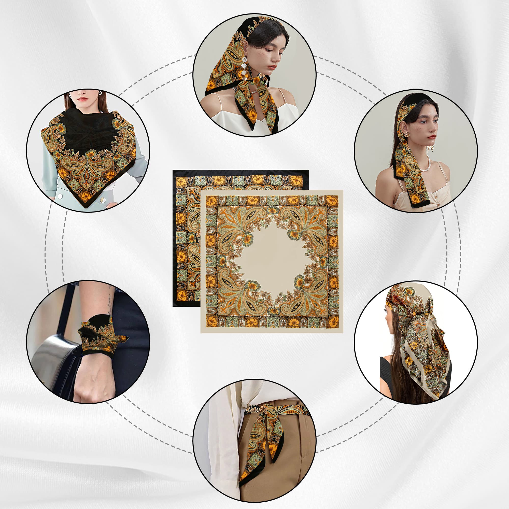 ReignSword 35” Large Square Head Scarf for Women, 2 Pcs Like Silk Hair Fashion Scarves, Silk Bandana Scarf for Hair Wrapping (Beige, Yellow Black) - 3