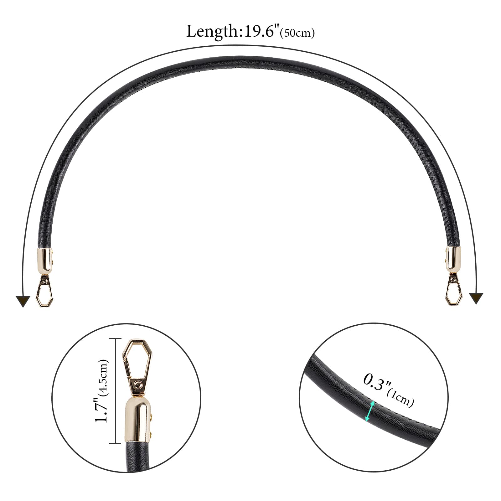 ReignSword 2 Pcs Vegan Leather Handbag Handles, 10MM/50CM Vegan Leather Shoulder Bag Straps, Purse Straps for Women's Handbag Tote Bag Handles Replacement (Black, Gold Hook) - 1