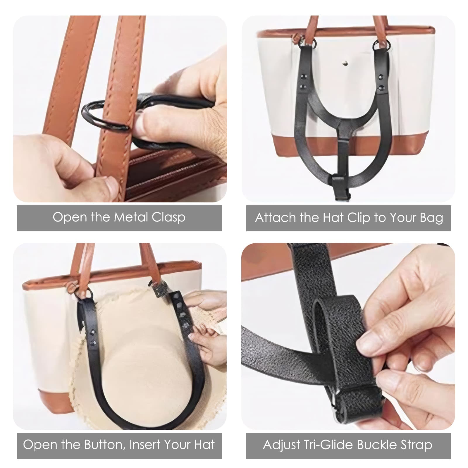 ReignSword Vegan Leather Hat Holder for Travel, Hat Harness for Women and Men, Hands-Free Hat Clip for Handbags, Backpacks, Luggage, Totes (Black) - 3
