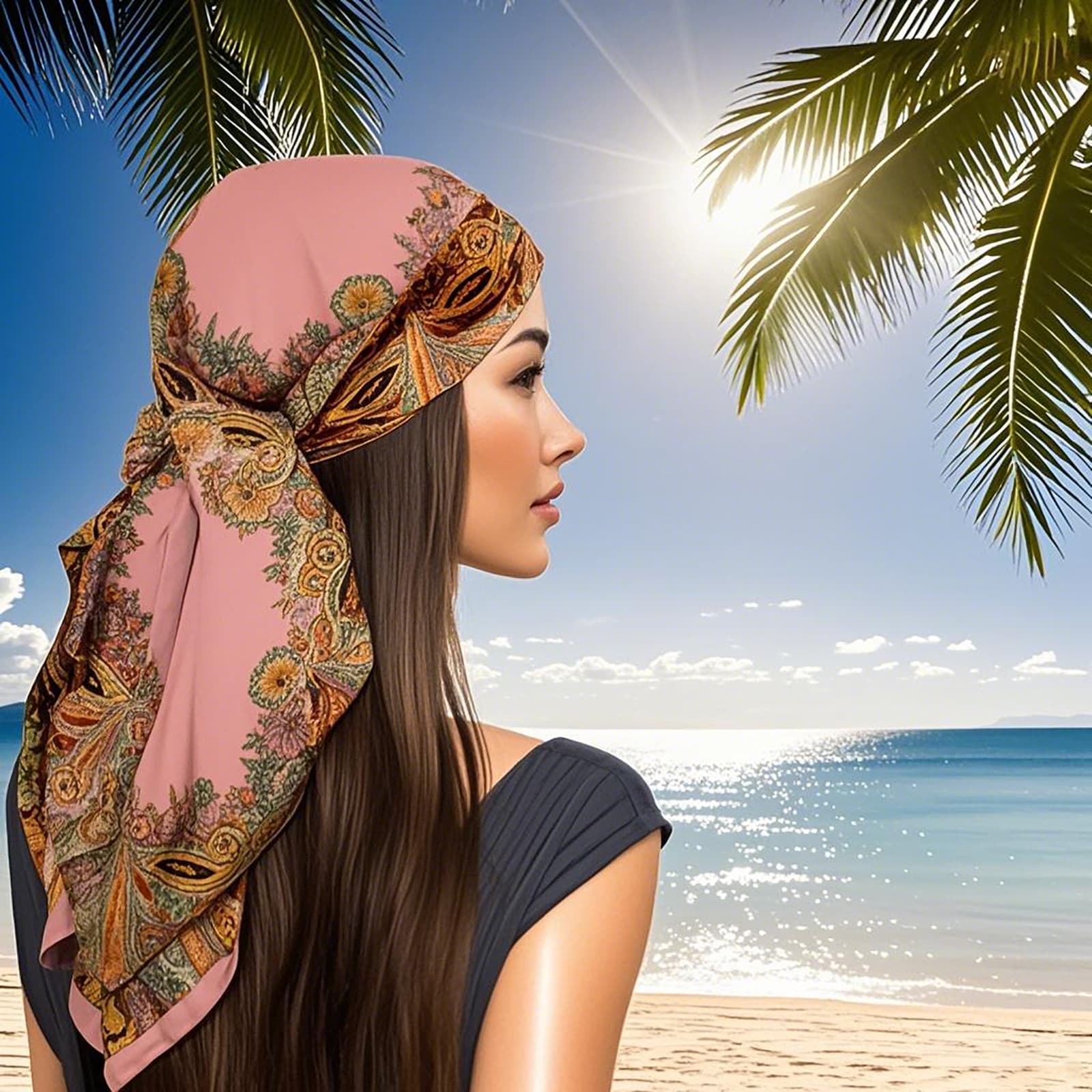 ReignSword 35” Large Square Head Scarf for Women, 2 Pcs Like Silk Hair Fashion Scarves, Silk Bandana Scarf for Hair Wrapping (Pink, Blue) - 4