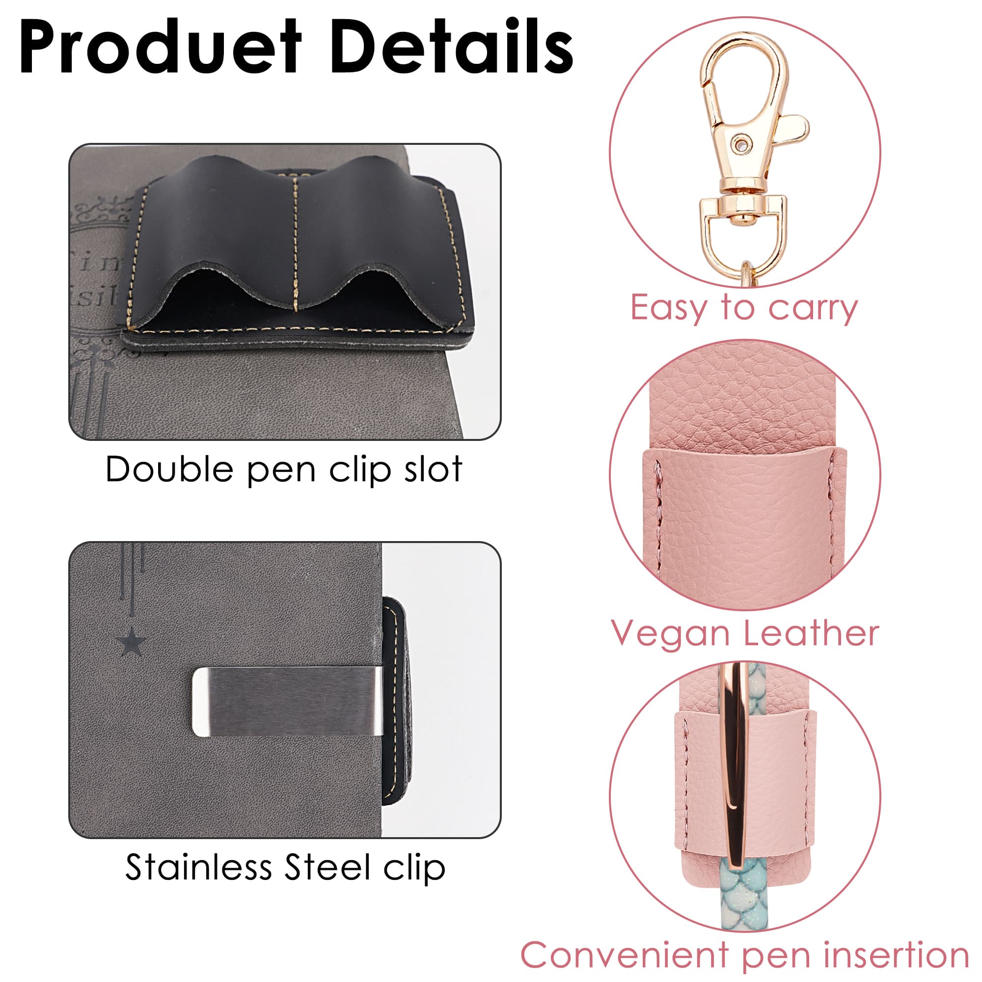 ReignSword Vegan Leather Pen keychain Holder, Double Pen Holder Clip for Notebook, Portable Pen Lanyard for Signature, Ballpoint, Marker Pens - 4