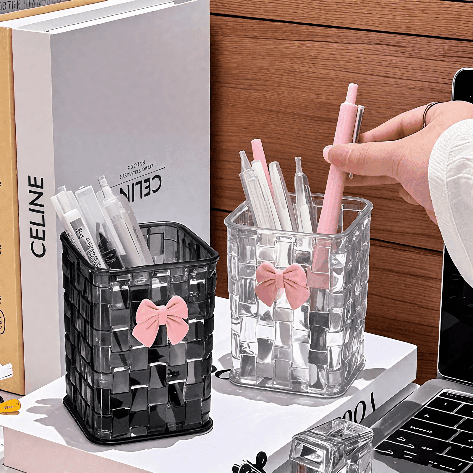 ReignSword Clear Pen Holder for Rattan Weaving Shape, Pen Organizer with Bow Decoration for Home and Office (Black) - 5