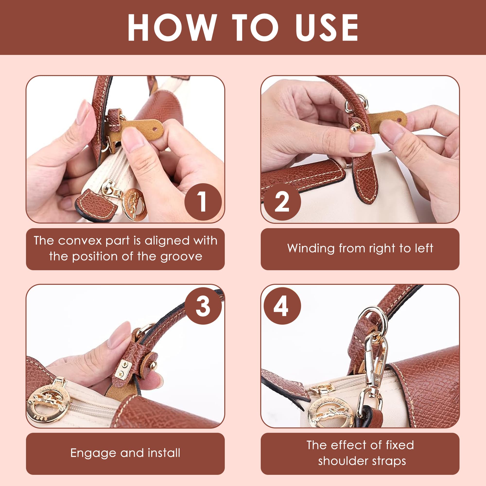 ReignSword Purse Straps Replacement with Mini Handbag Organizer Insert Kit, Compatible with Longchomp Tote Bag, Vegan Leather Handbag Crossbody Shoulder Strap for Women - 4