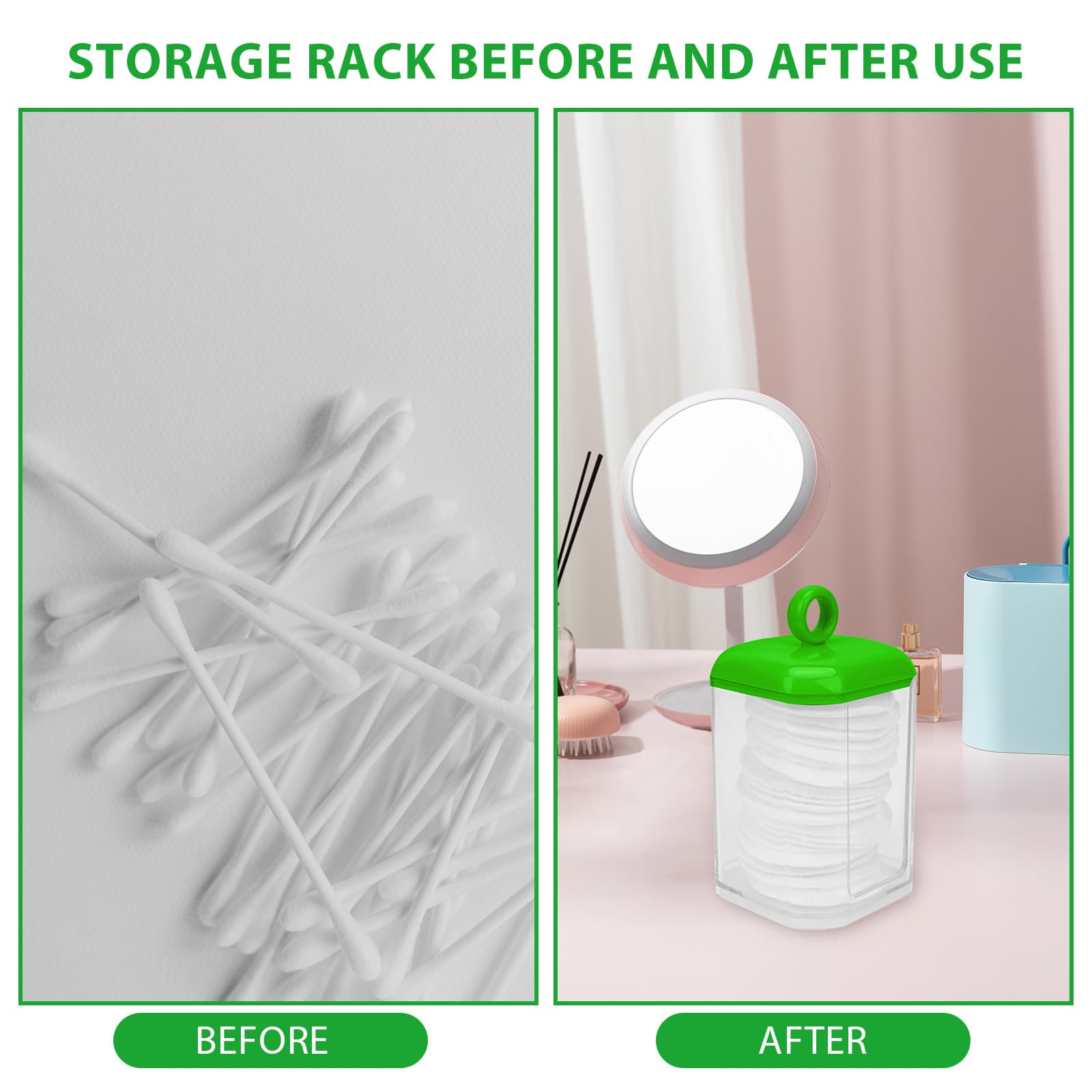 ReignSword Double Layer Cotton Swab Holder Dispenser, Plastic Storage Containers with Lid for Bathroom Vanity Countertop, Clear Bathroom Canisters for Cotton Swab, Ball, Cotton Pad (Green) - 3