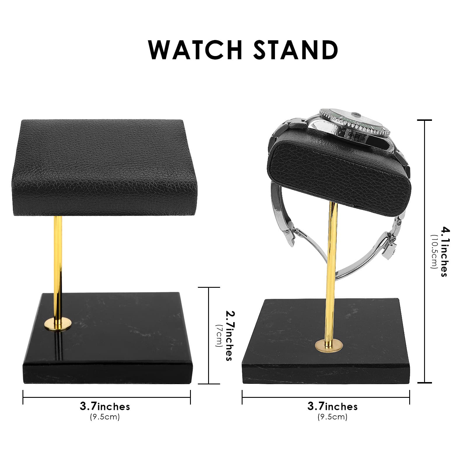 ReignSword Vegan Leather Watch Display Stand Holder, Single Watch Holder Watch Stand, Watch Holder with Marble Base (Black) - 1