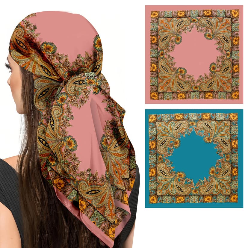 ReignSword 35” Large Square Head Scarf for Women, 2 Pcs Like Silk Hair Fashion Scarves, Silk Bandana Scarf for Hair Wrapping (Pink, Blue)