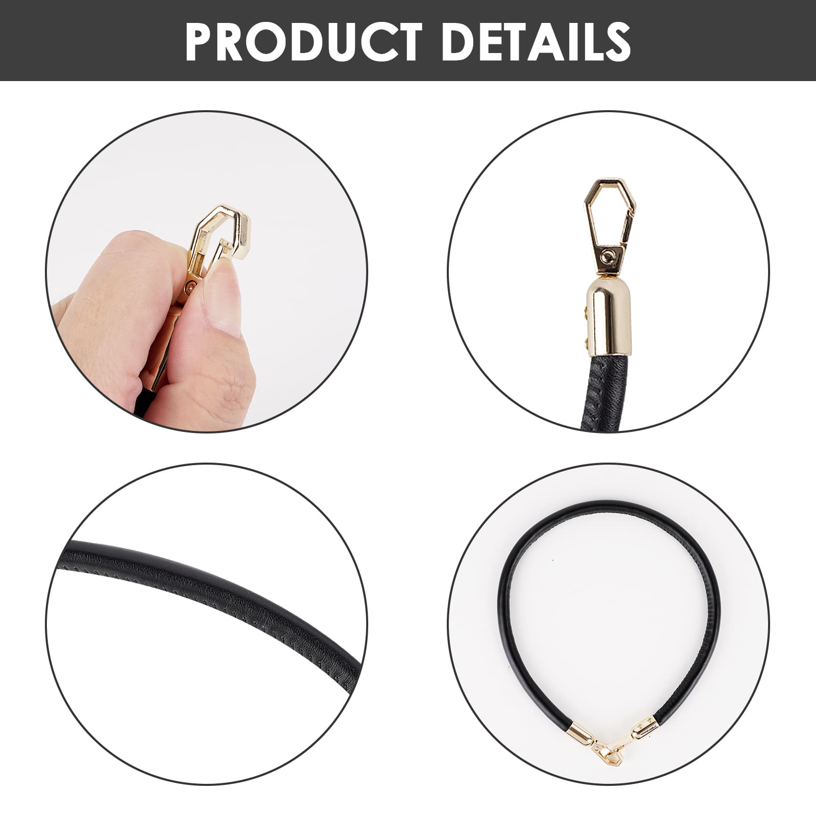 ReignSword 2 Pcs Vegan Leather Handbag Handles, 10MM/50CM Vegan Leather Shoulder Bag Straps, Purse Straps for Women's Handbag Tote Bag Handles Replacement (Black, Gold Hook) - 2