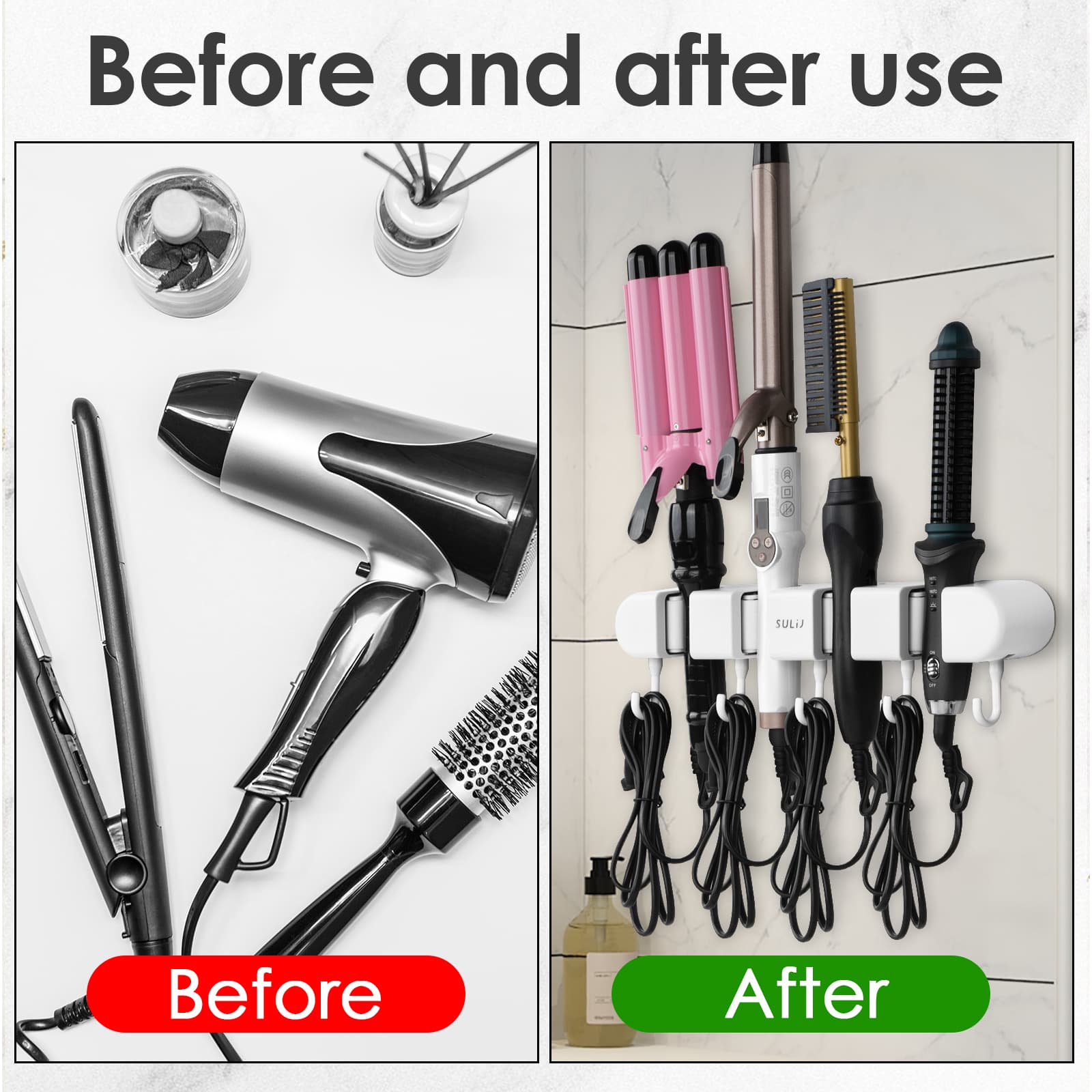 ReignSword Hair Straightener Holder Wall Mounted, Adhesive Curling Iron Holder for Bathroom, 4 Racks and 5 Hooks Hair Tool Organizer for Flat Irons, Curling Wands (White) - 4
