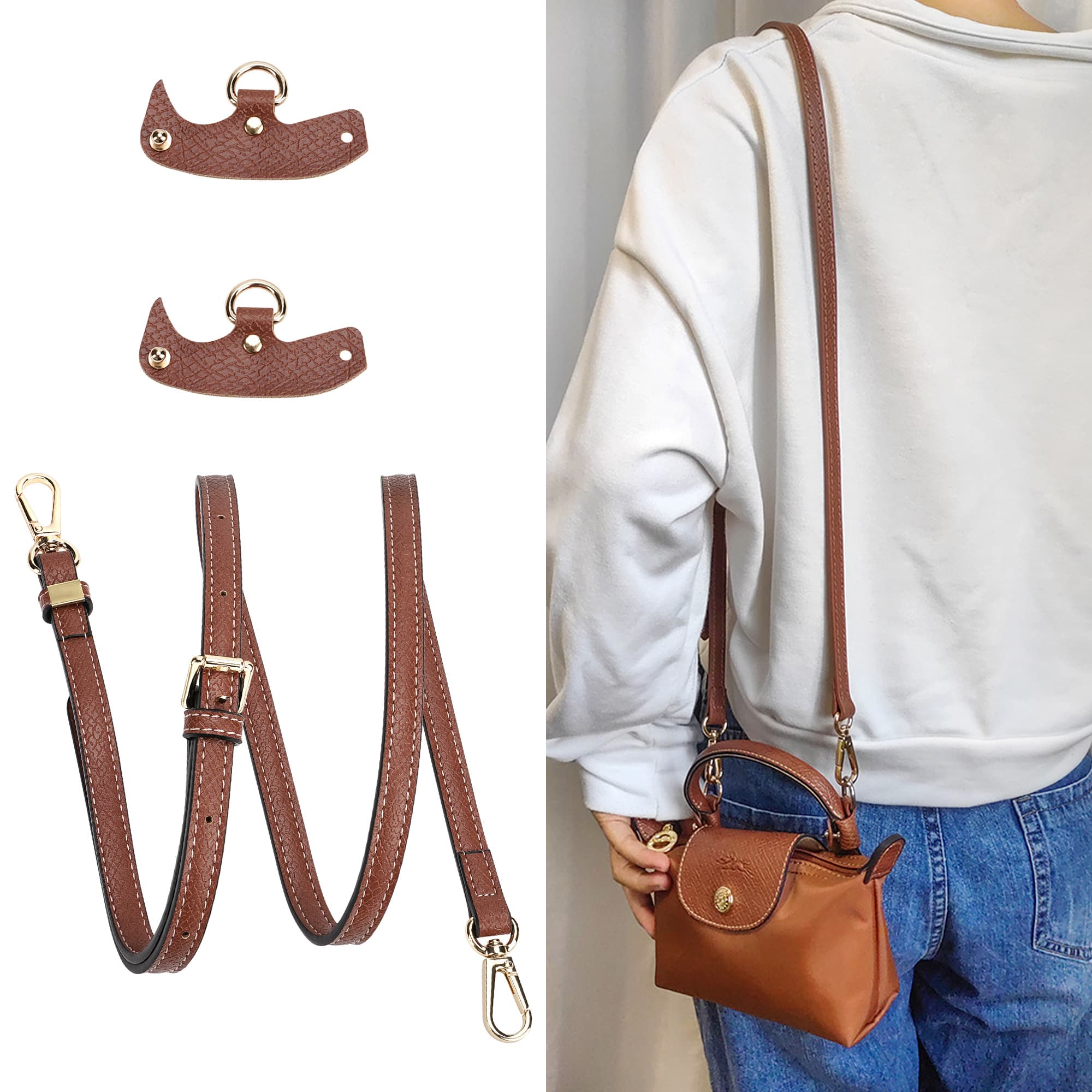 ReignSword Purse Straps Replacement with Mini Handbag Organizer Insert Kit, Compatible with Longchomp Tote Bag, Vegan Leather Handbag Crossbody Shoulder Strap for Women - 3
