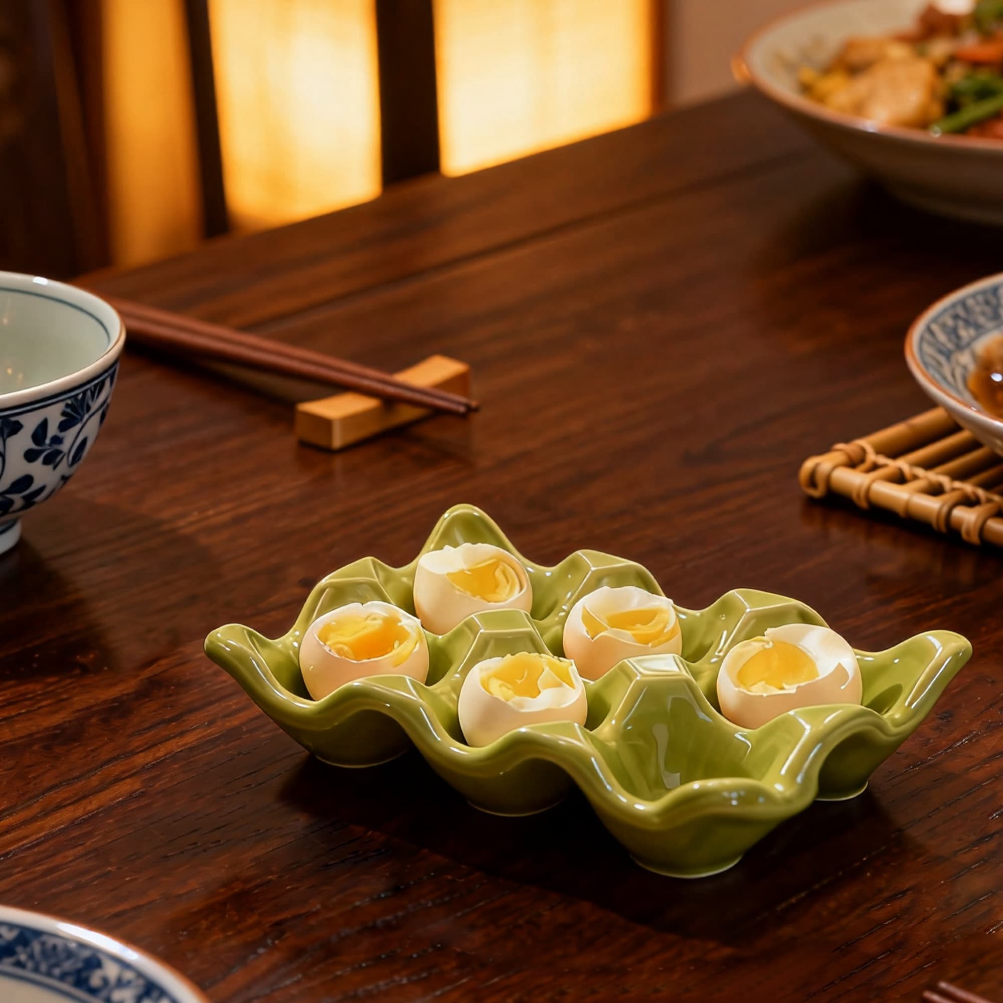 JANKINGS Ceramic Egg Holder Trays, 2-Pack Green, 6-Slot Each (12 Eggs Total) — Countertop & Fridge Egg Cups Organizer, Glazed Stoneware Egg Rack - 4