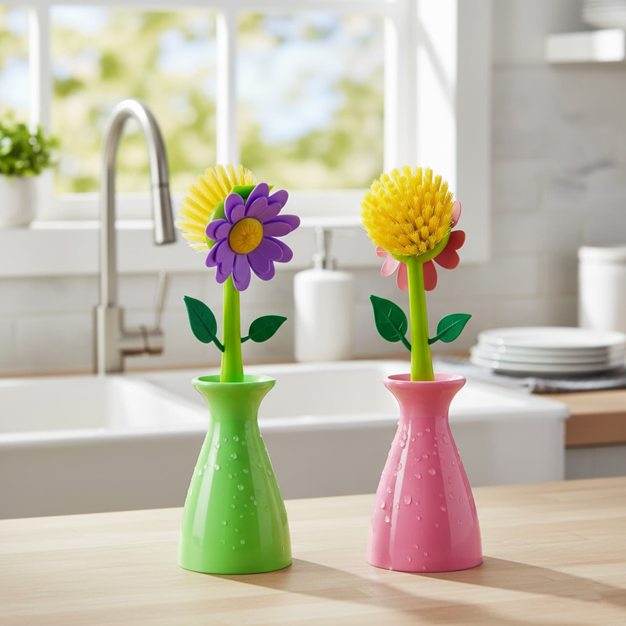 JANKOW Long Handle Vegetable And Fruit Brush, Florganic Dish Brush with Vase, Long Handle Dish Brush Kitchen, for Cleaning Pot Pan Sink Kitchen Supplies Decorative Vase (2 Pcs Green, Pink) - 4