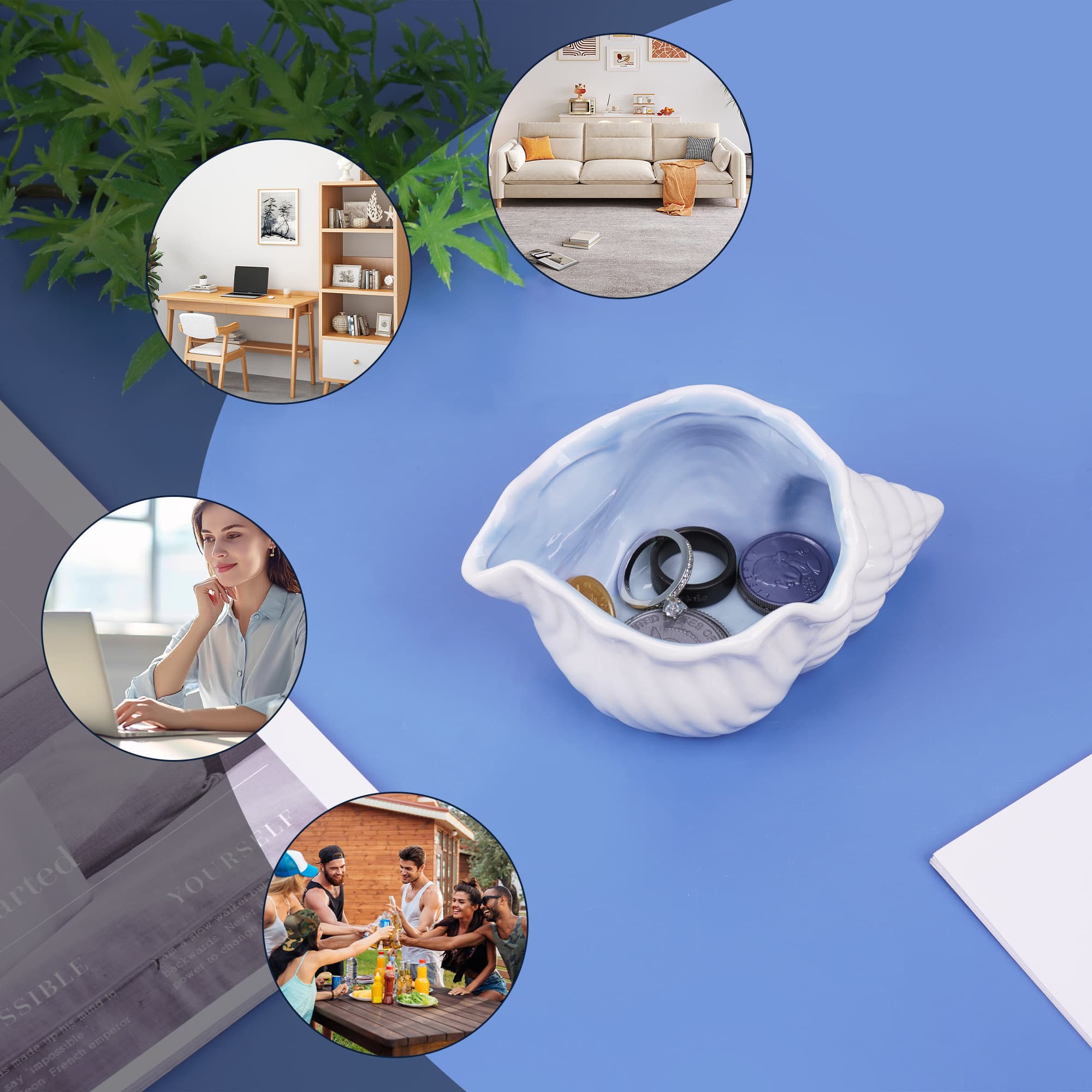 JANKOW Ceramic Conch Shell Jewelry Tray, White & Blue Seashell Trinket Dish for Rings, Earrings & Keys, Desktop Organizer, 1-Pack - 3