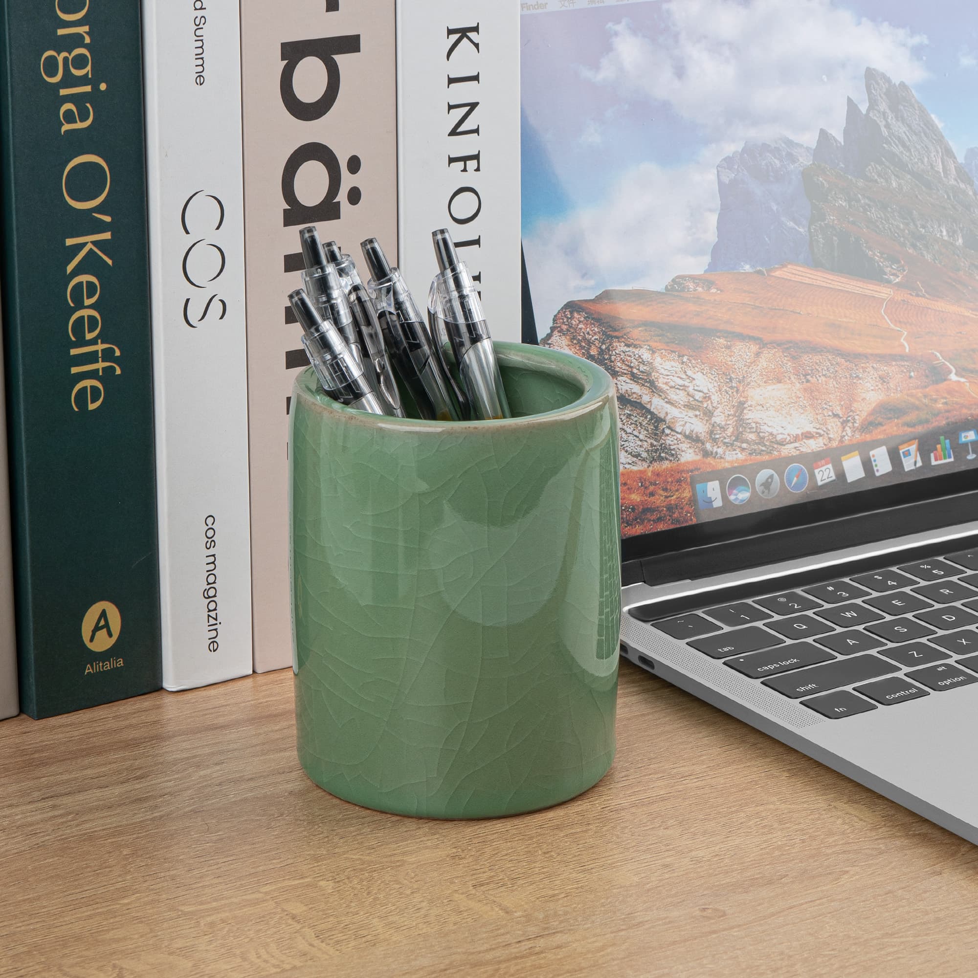 JANKINGS Celadon Ceramic Pencil Holder, Green Crackle-Glaze Pen Cup for Desk, Makeup Brush or Tool Organizer, 1-Pack - 3