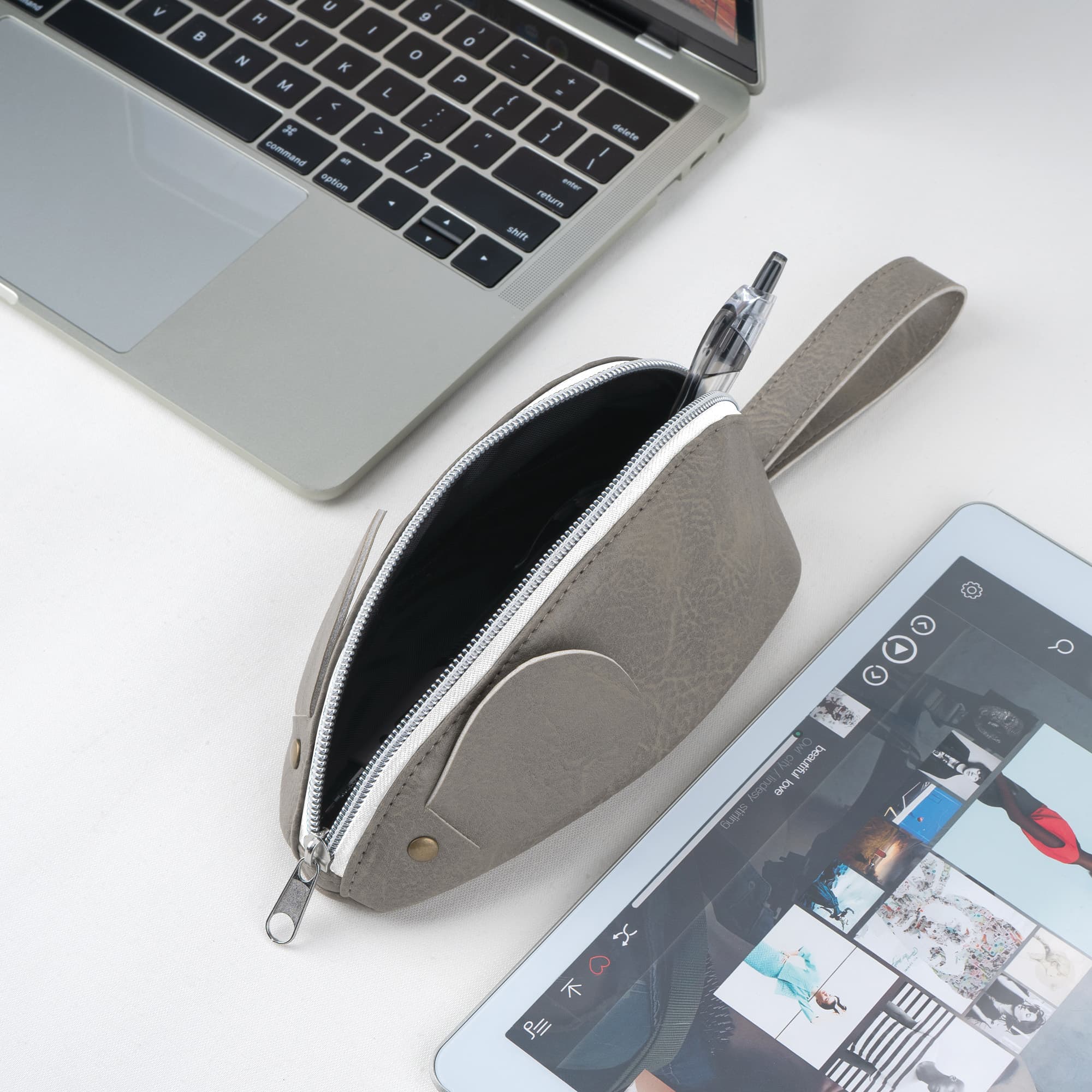 JANKINGS Custom Mouse Pencil Case, PU Leather Zipper Pen Pouch with Wrist Strap Tail, Gray, 1-Pack - 3
