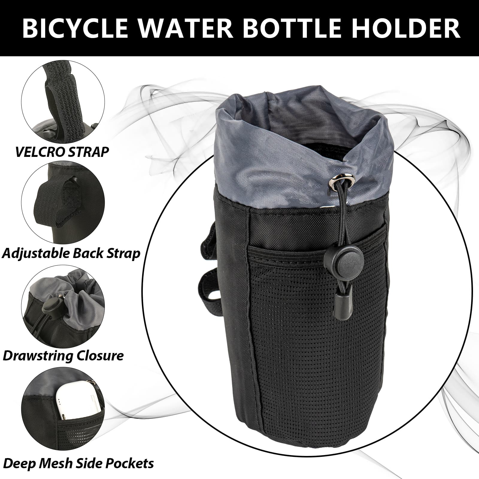 RidingRush Bike Water Bottle Holder Bag, Handlebar Bottle Pouch with Drawstring Closure, Lightweight Nylon Cup Holder with Mesh Pocket and Adjustable Straps for Road, MTB, Commuter Bikes - 4