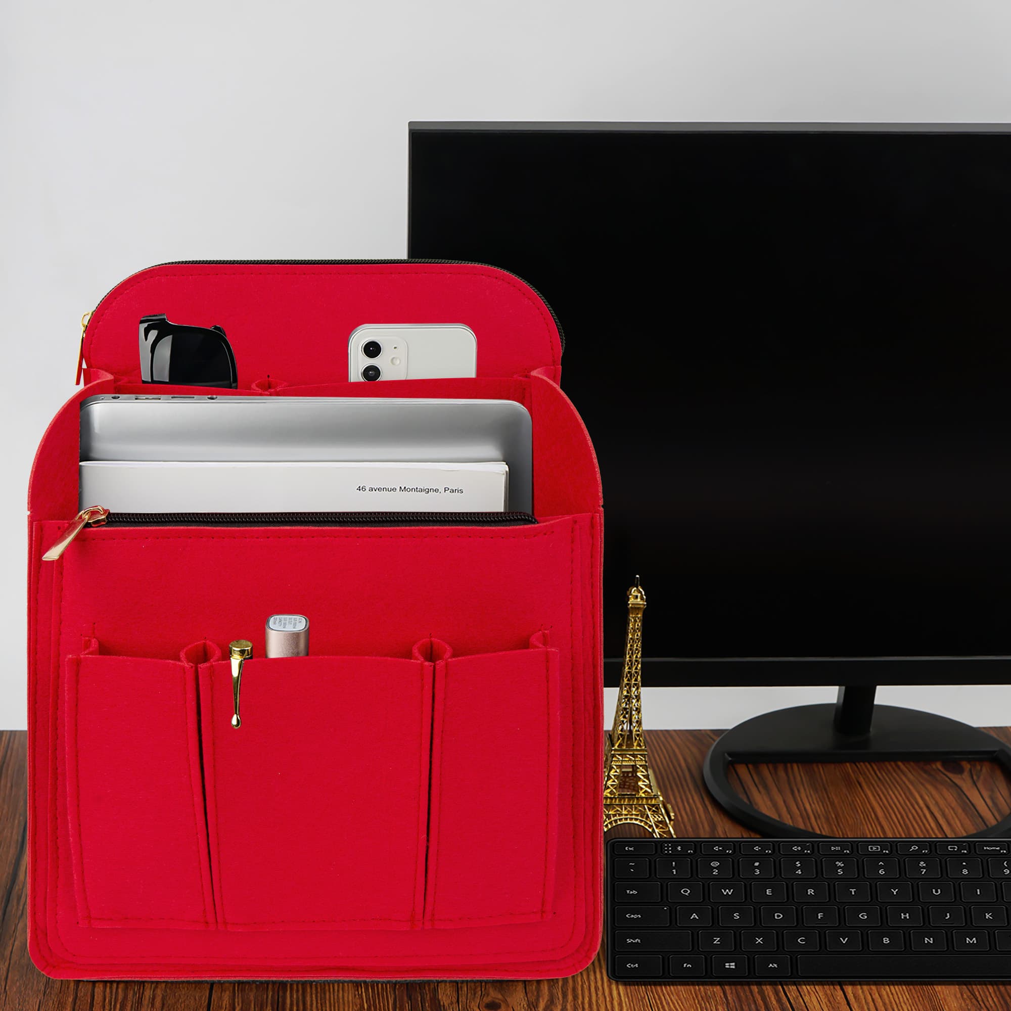 Kingshion Large Capacity Backpack Organizer Insert - Felt Storage Insert for 10"+ Backpacks, Rucksacks & Travel Bags | Vertical Design with Shoulder Strap Slot & Interior Pockets - Red - 8