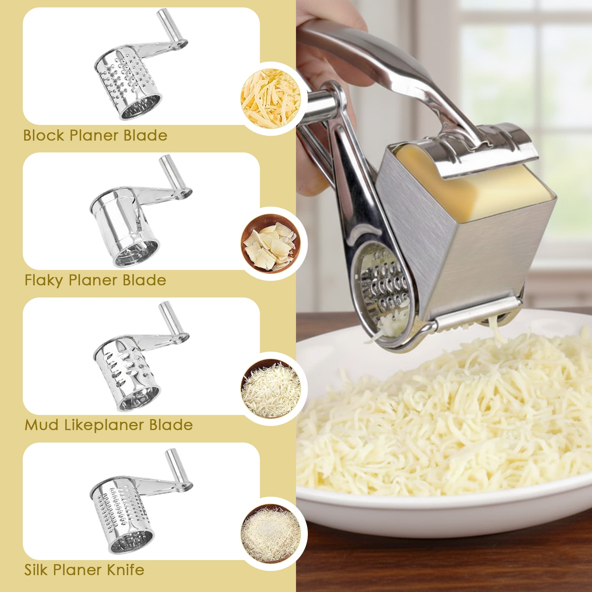 ReignSword Stainless Steel Rotary Cheese Grater, Manual Hand Crank Shredder Slicer with 4 Drums, Handheld Kitchen Tool for Hard Cheese, Chocolate, Nuts - 2