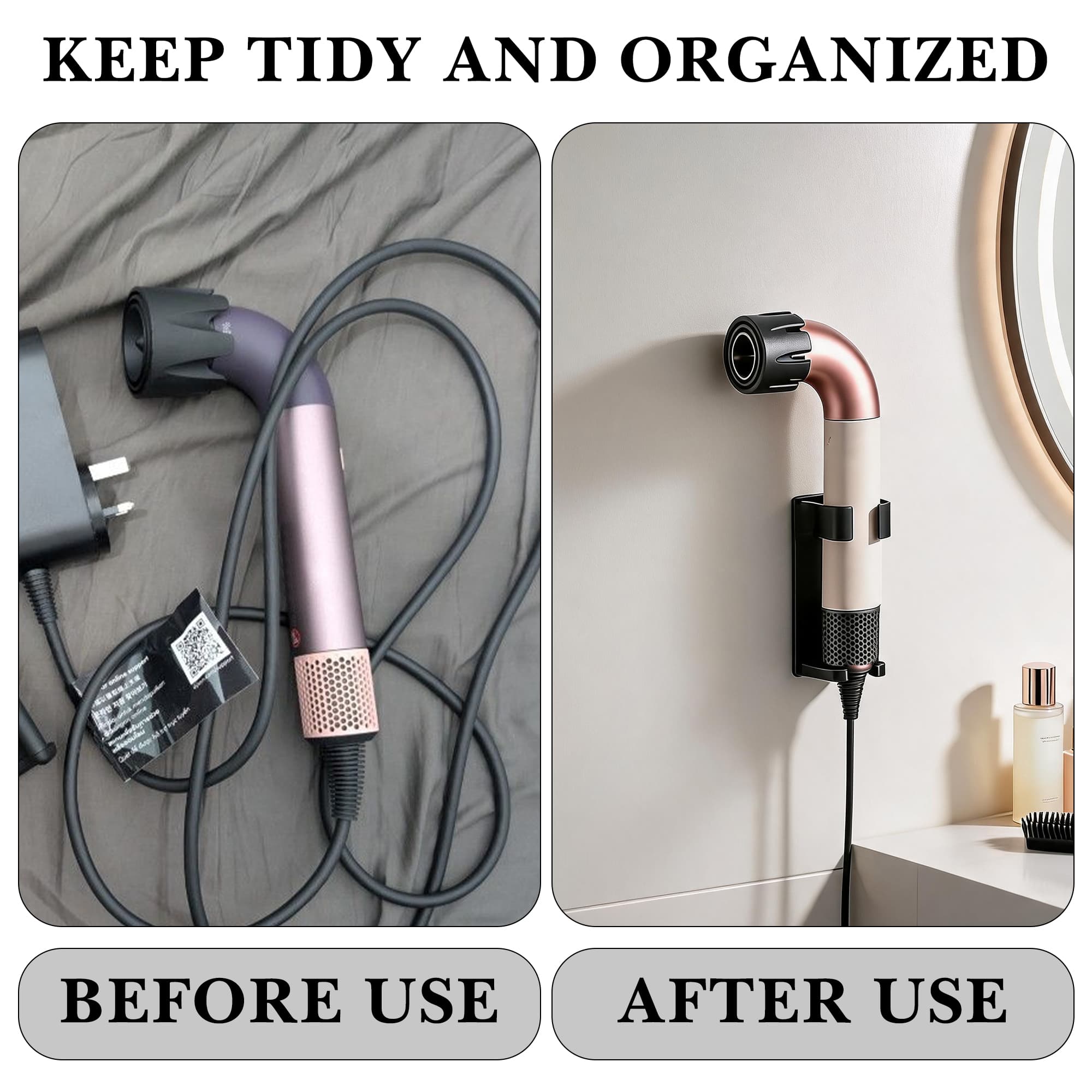 ReignSword Hair Dryer Wall Mount Holder Compatible with Dyson Supersonic r, Aluminum Self-Adhesive Bathroom Rack, Hair Styling Tools Organizer with Power Cord Storage, Fits 1.8" Inner Diameter, Black - 4