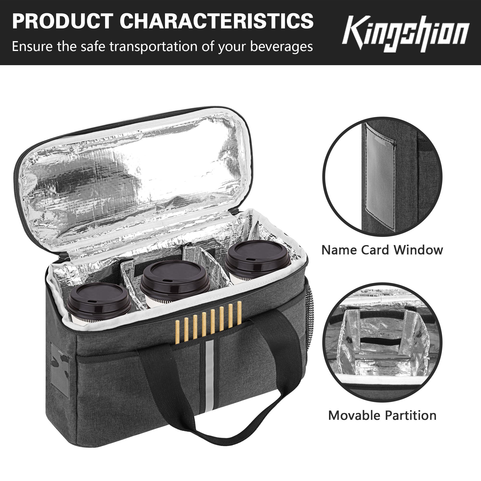 Reusable 3 Cups Coffee Drink Carrier, Portable Insulated Drink Caddy Cup Holder with Dividers, Side Bag and Thermal Insulation Hand-held Travel Bag - Dark Grey - 3