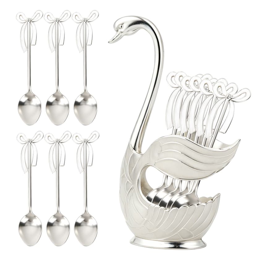 CAIRIAC Coffee Spoons Decorative Dessert Spoon Set with Metal Swan Base Holder, Demitasse Espresso Spoons, Teaspoons Set of 6 Ice Cream Spoons Coffee Dessert Flatware Spoons (Silver White)