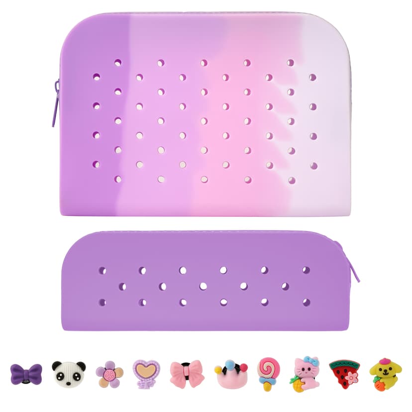 JANKOW 2 Pcs Zipper Pencil Pouch Portable Pencil Bag, DIY Personality Cute Pencil Case Silicone, Purple Pen Bag with 10 Pcs Button Accessories, Suitable for Offices (Purple)