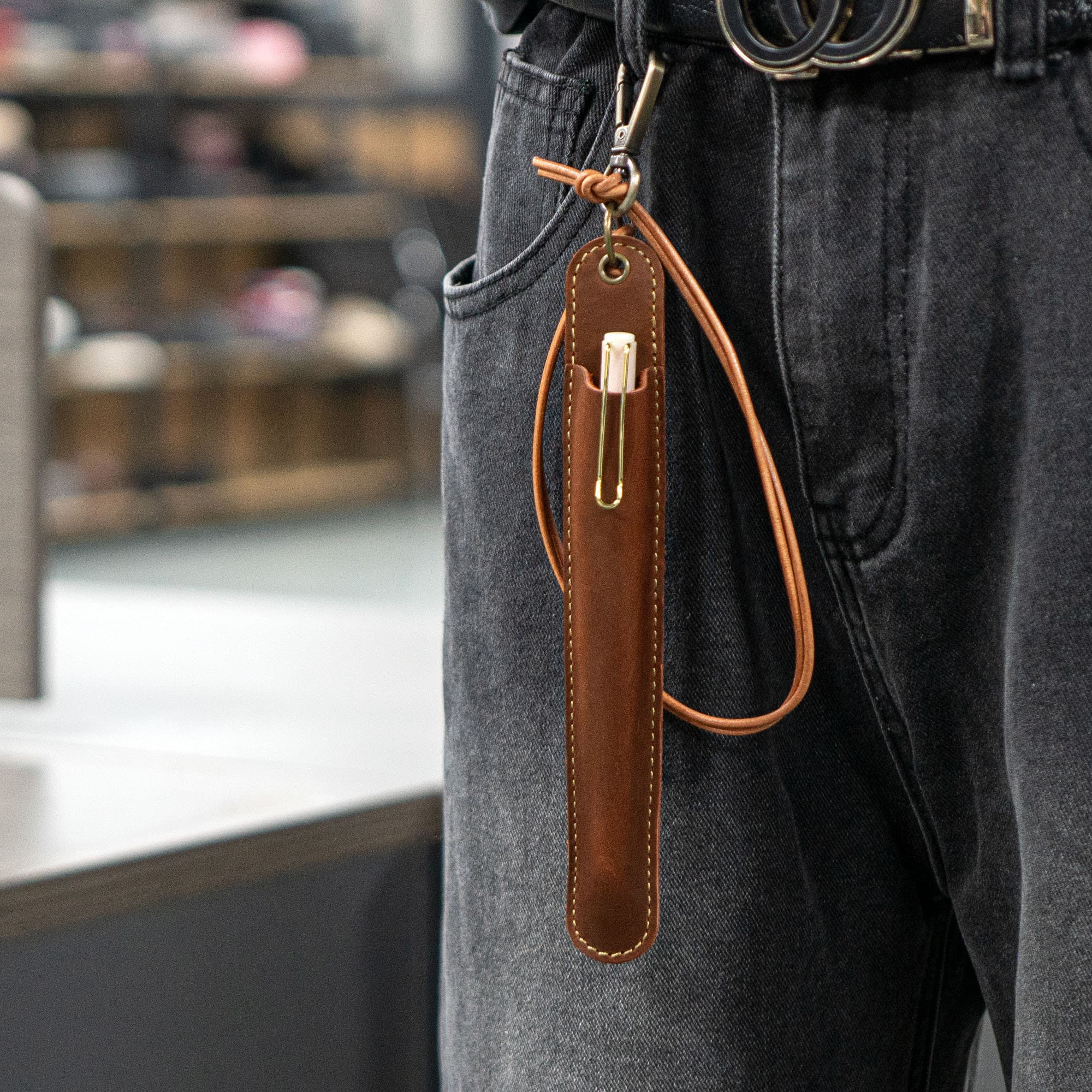 JANKOW Leather Pen Case Holder Handmade, Leather Pens Cases Holder, for Single Genuine Leathers Single Pens Case, Neck Hanging Organizer Fountain Pen(1Pcs Brown) - 2