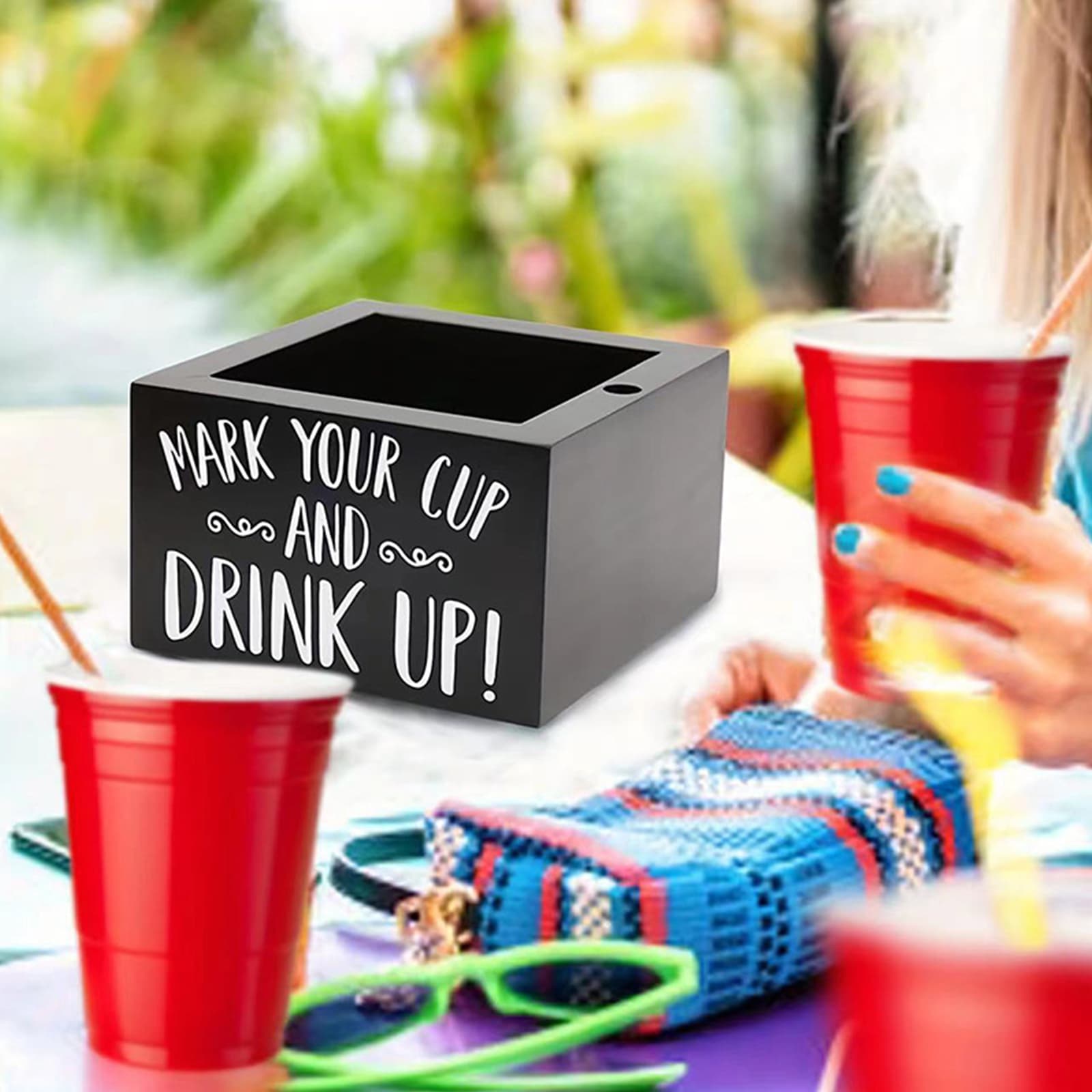 JANKOW Cup Holder with Marker Slot, Black Wood Disposable Cup Holder, Mark Your Cup and Drink Up Plastic Cup Organizer - 4
