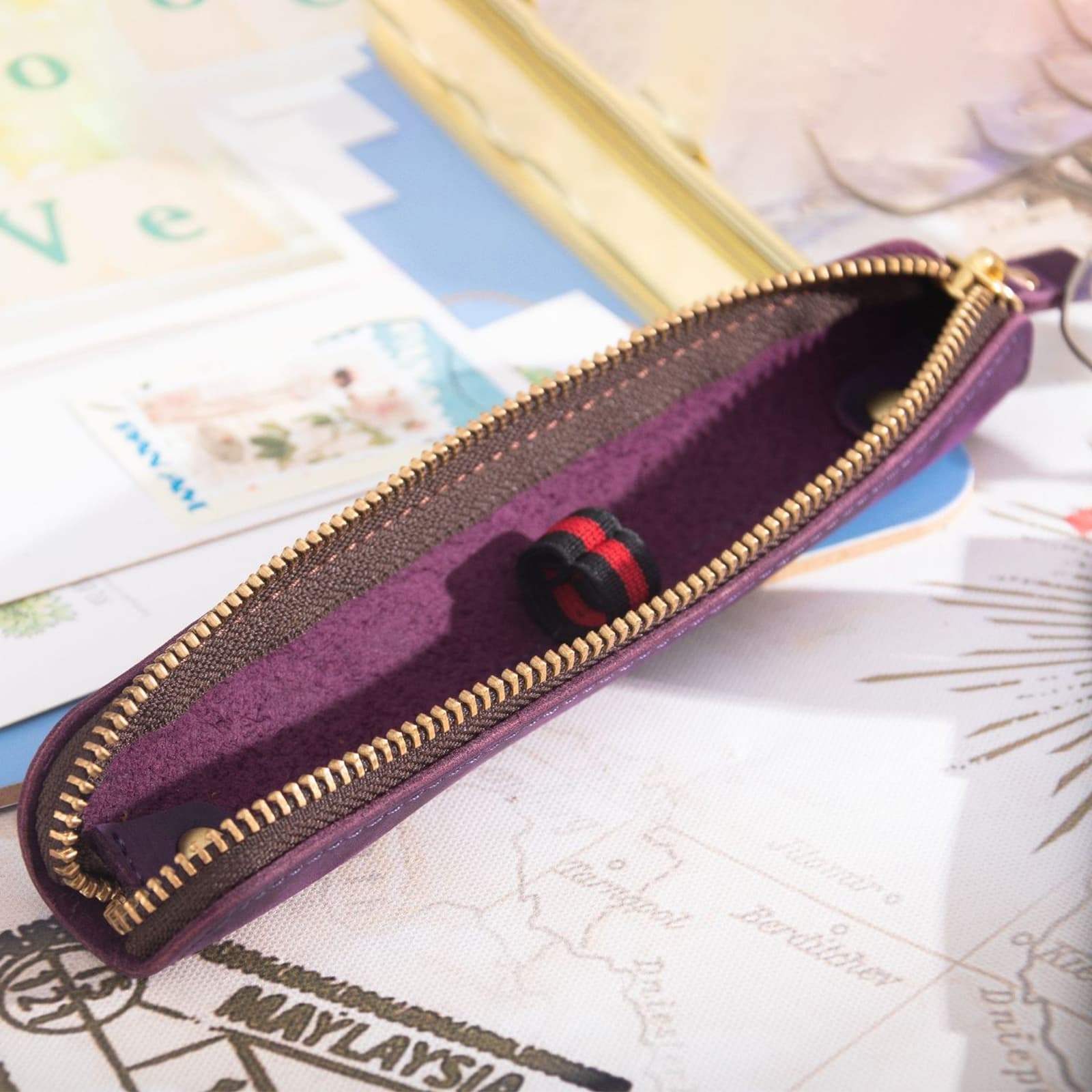 JANKOW Crazy Horse Leather Zipper Pen Pouch Handmade, Single Pen Case Fountain Pen Sleeve Holder Pouch Cover Vintage, Mini Pencil Bag (Purple) - 3