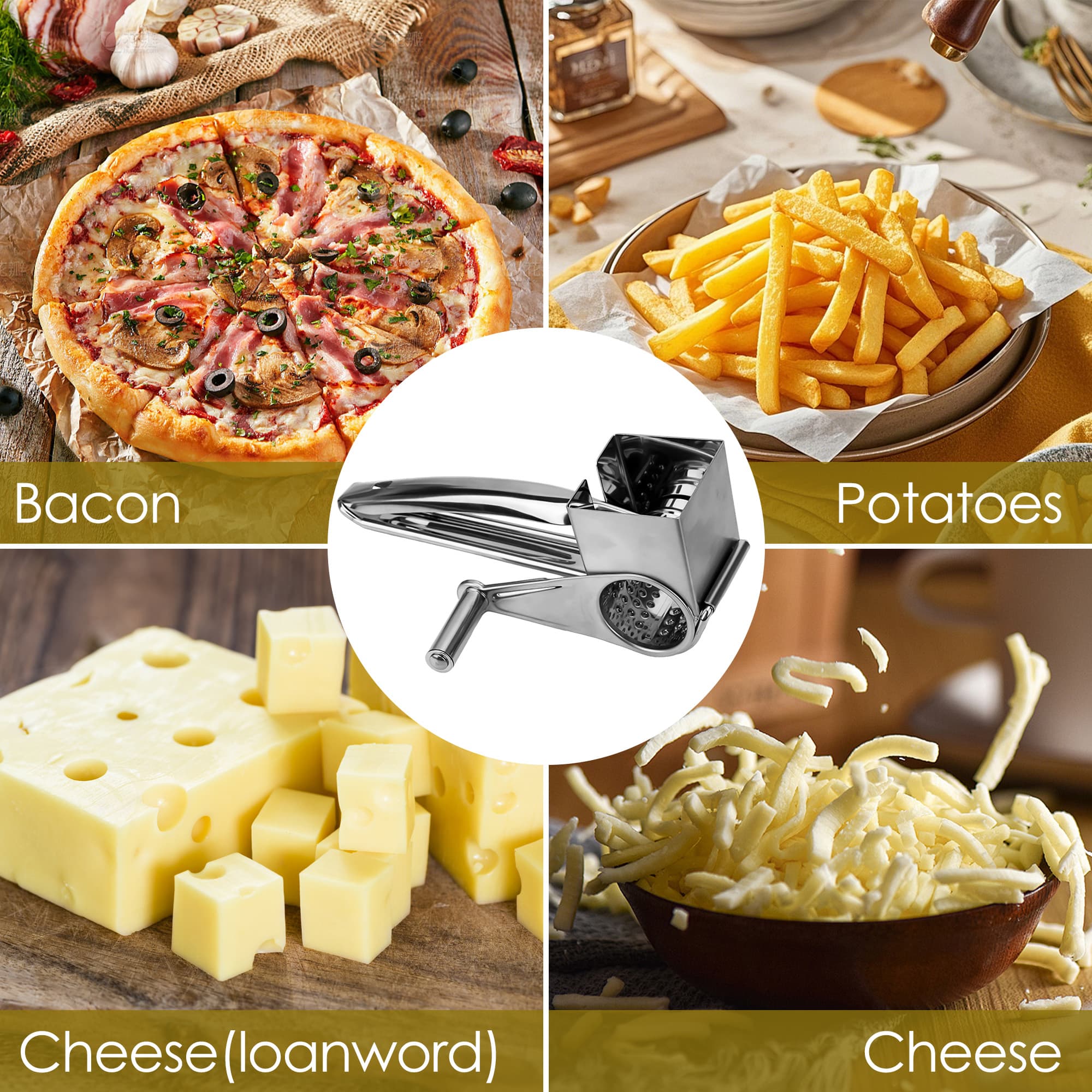 ReignSword Stainless Steel Rotary Cheese Grater, Manual Hand Crank Shredder Slicer with 4 Drums, Handheld Kitchen Tool for Hard Cheese, Chocolate, Nuts - 5