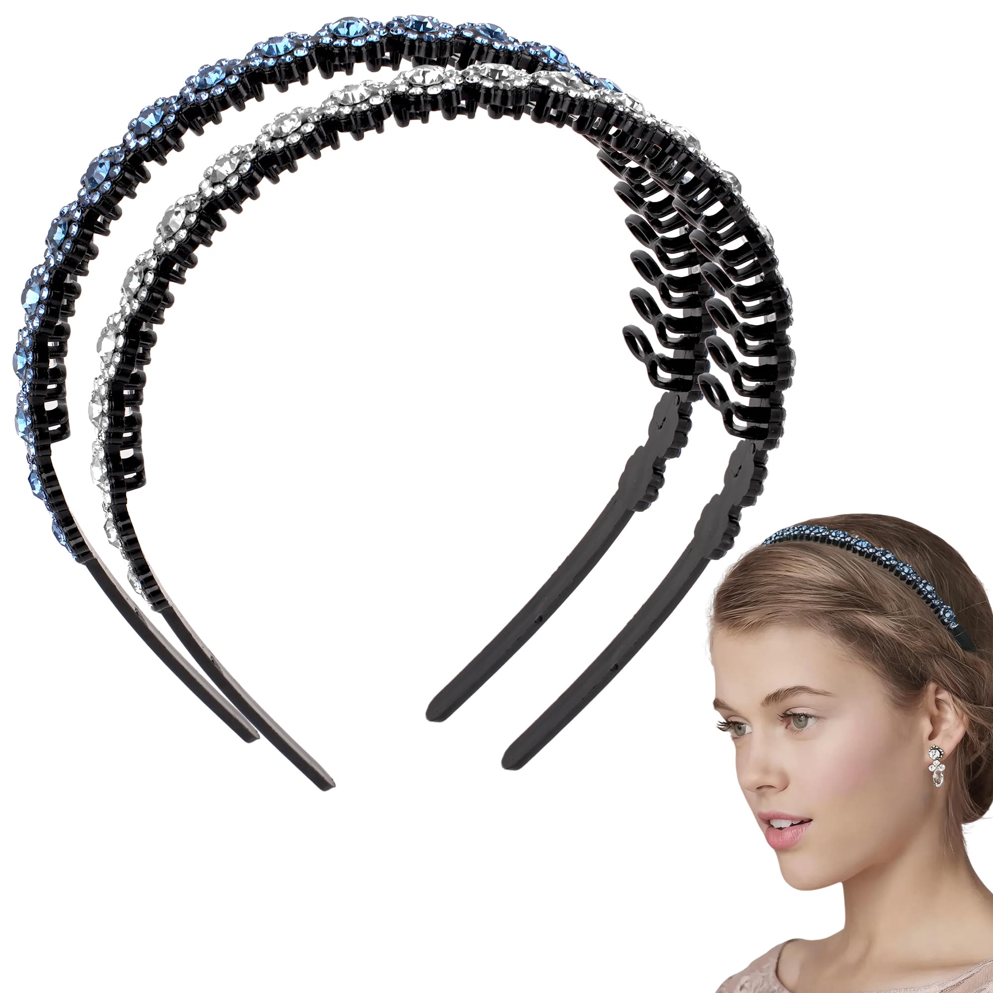 ReignSword 2 Pack Rhinestone Headband with Teeth for Women Girls, Fashion Non Slip Sparkly Crystal Hair Band, Bling Hair Accessories for Wedding Party Prom (White, Blue) - 2