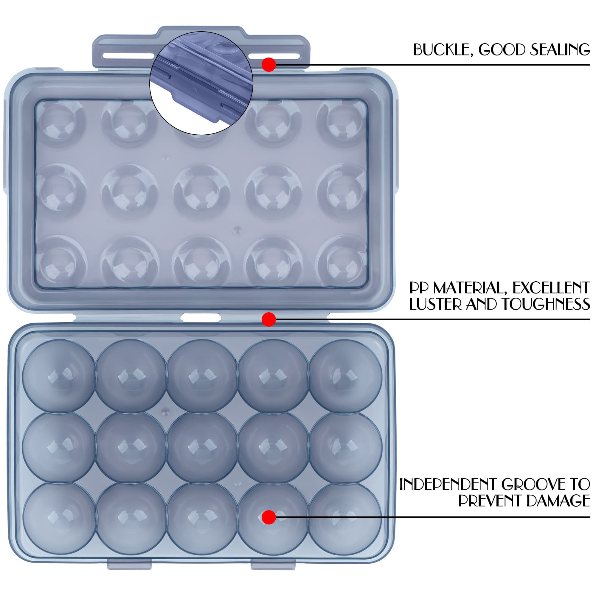 JANKINGS Portable Stackable Egg Storage Box, 2-Pack 15-Count Egg Holders with Lids for Refrigerator, Travel & Camping, Blue PP Egg Tray Organizer - 2