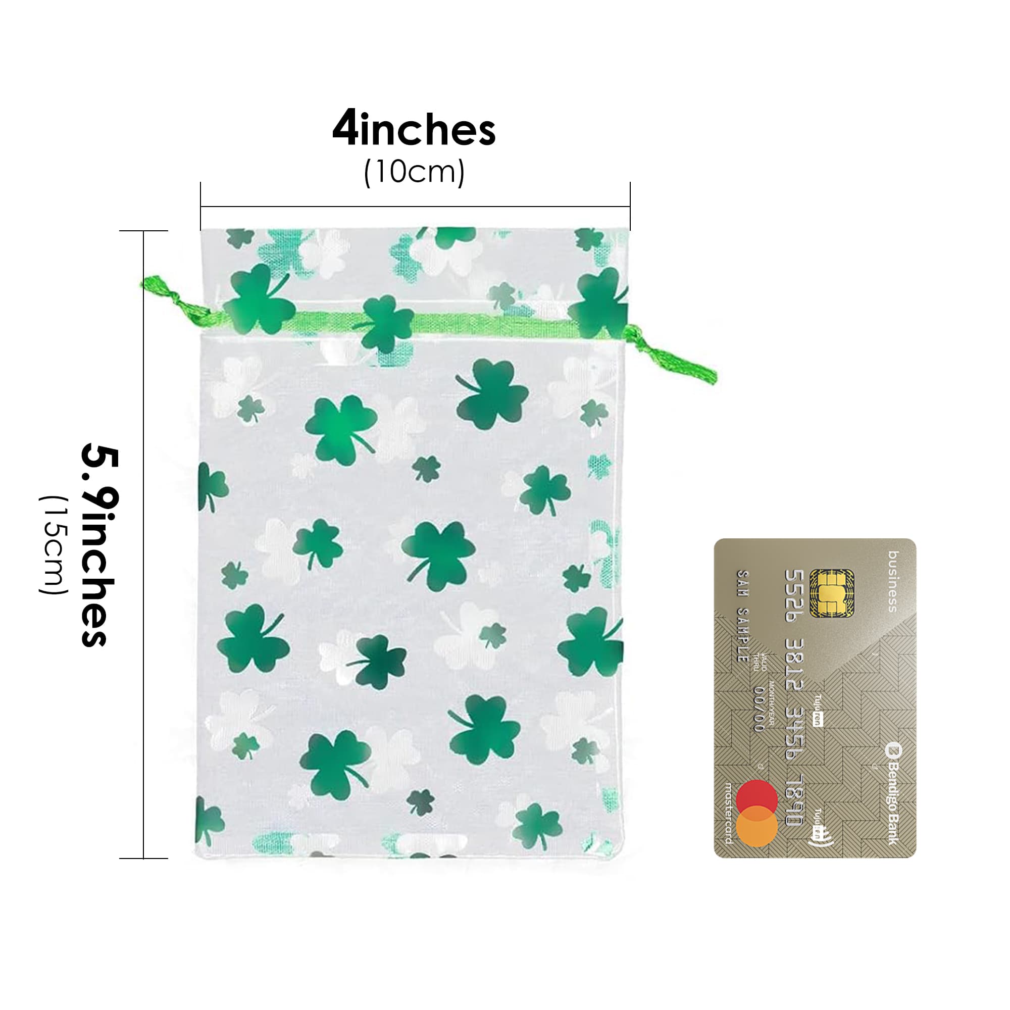 ReignSword 50 Pcs St. Patrick's Day Organza Gift Bags, Shamrock Clover Green Drawstring Mesh Treat Pouches, Goodie Bag for Party Favors, Candy, Jewelry (6 x 4 Inch) - 2