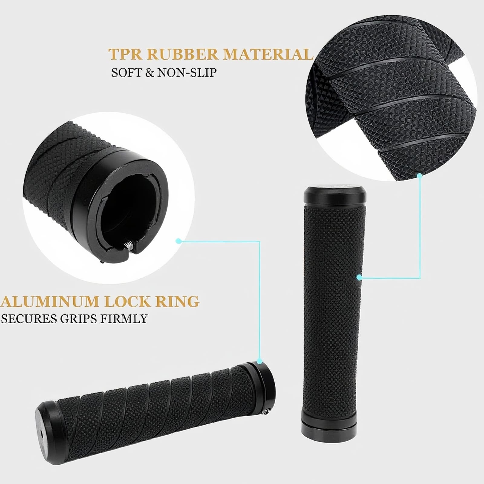 RidingRush Lock-On Bike Handlebar Grips – Textured Rubber MTB BMX Grips with Dual Aluminum Rings, Enhanced Grip Friction & Stable Hold, 22.2mm Bicycle Handle Grips for Trail & Commuter Riding - 1