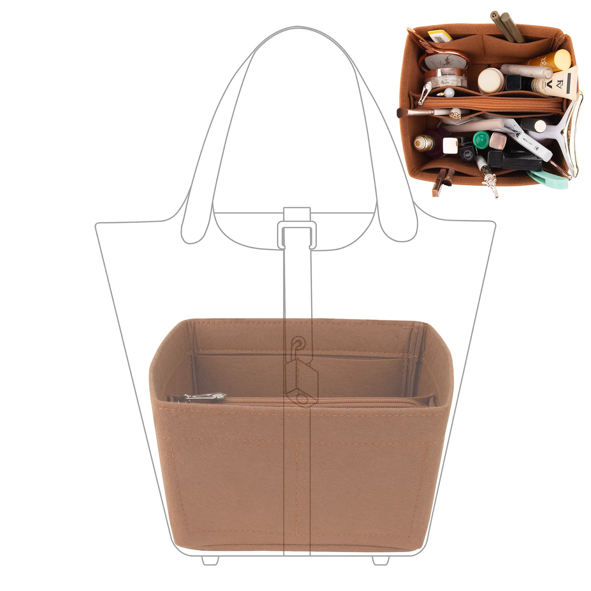 Kingshion Purse Organizer Insert, Felt Handbags Dividers with Zippers, Tote Bag Organizer Fit Picotin 22 Bag, Brown - 2