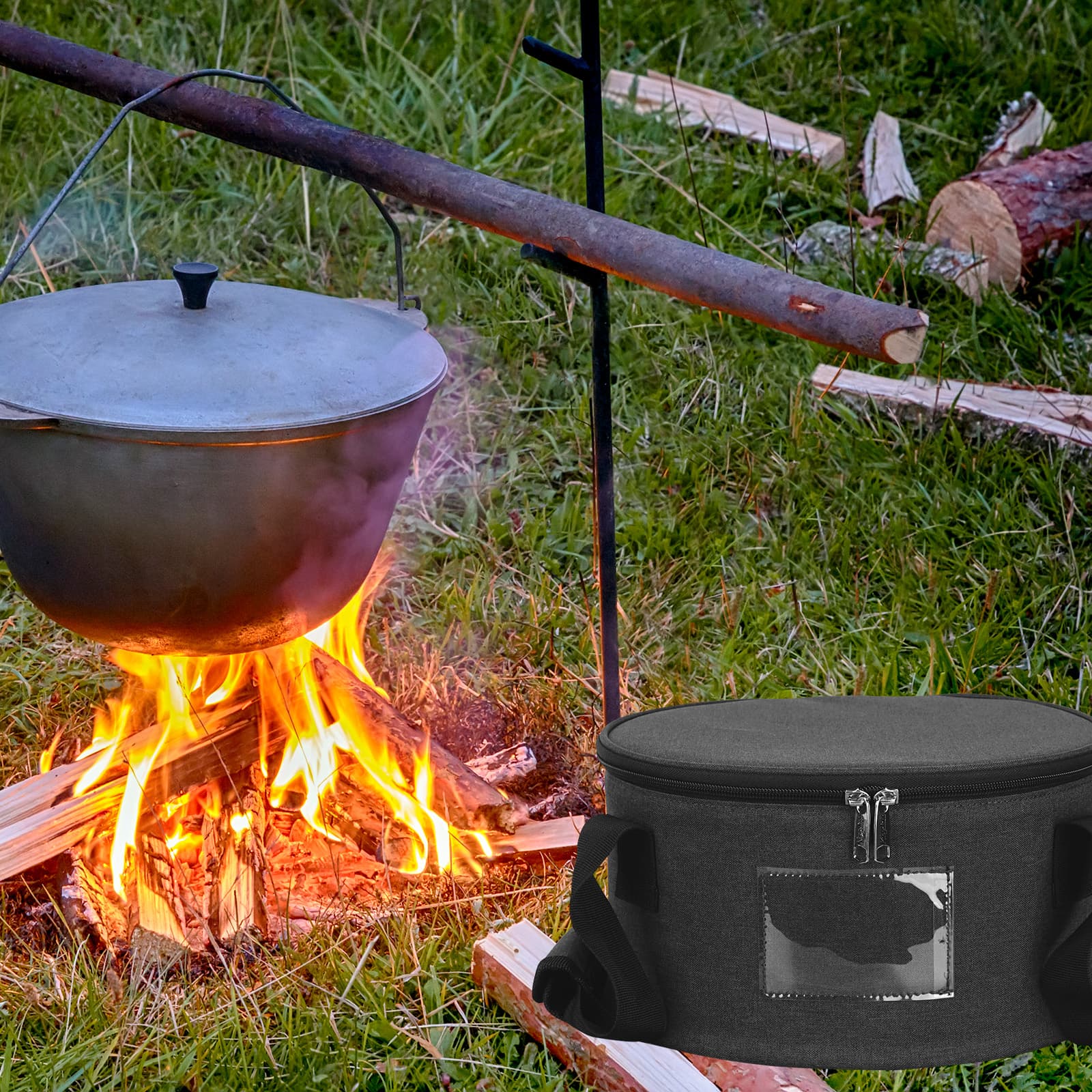 Kingshion 10in Dutch Oven Carry Bag, Dutch Oven Tote Round Casserole Carrier for Camping Picnic and 4 Quart Pre-Seasoned Cast Iron Camp Oven - Dark Grey - 5