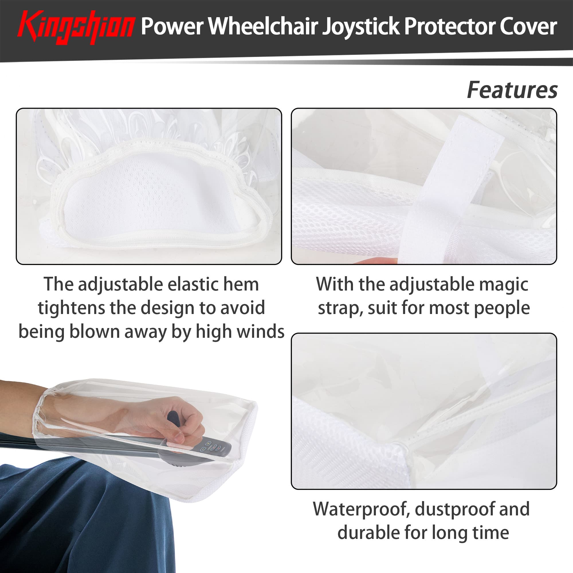 Kingshion Waterproof Power Wheelchair Joystick Cover Protector - Universal Adjustable Arm Rest Cover with Transparent Window, Flexible Opening 13.8"x7" for Electric Wheelchairs - White - 2