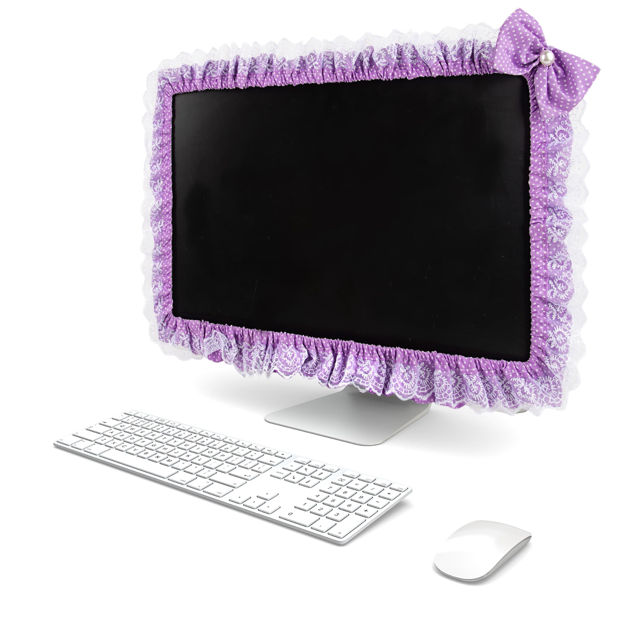 Kingshion 23"-27" Lovely Cute Computer Monitor Cover with Lovely Cute Elastic Pen Pocket Bow-knot TV LCD Screen Monitor Decoration Dust Cover Protector, Lace Fabric, Purple - 3