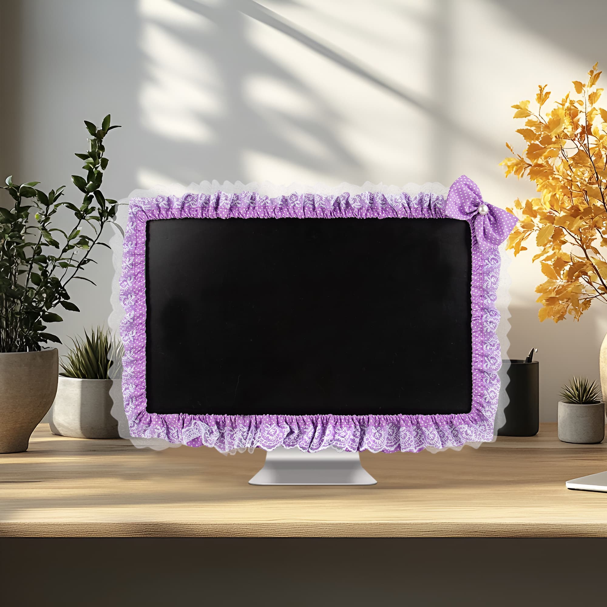 Kingshion 23"-27" Lovely Cute Computer Monitor Cover with Lovely Cute Elastic Pen Pocket Bow-knot TV LCD Screen Monitor Decoration Dust Cover Protector, Lace Fabric, Purple - 4