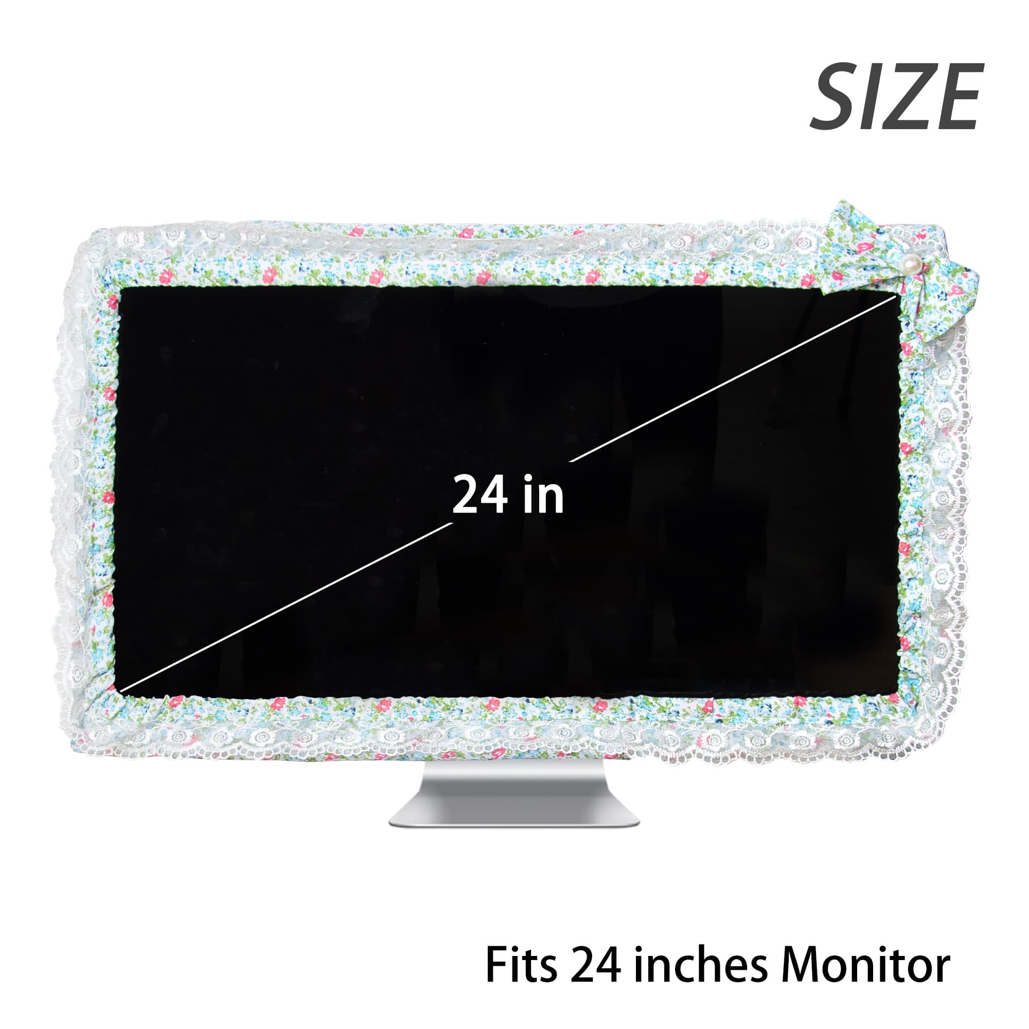 Kingshion 24 - 27 IN Lovely Cute Computer Monitor Cover with Lovely Cute Elastic Pen Pocket Bow-knot TV LCD Screen Monitor Decoration Dust Cover Protector, Lace Fabric- Green - 1