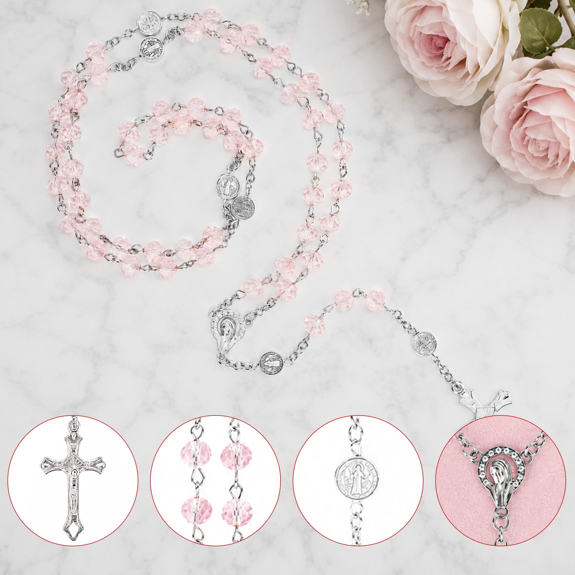 ReignSword Pink Crystal Rosary Necklace with Pink Velvet Pouch, Catholic Cross Beaded Necklace, Religious Jewelry Faith Gift for Women - 2
