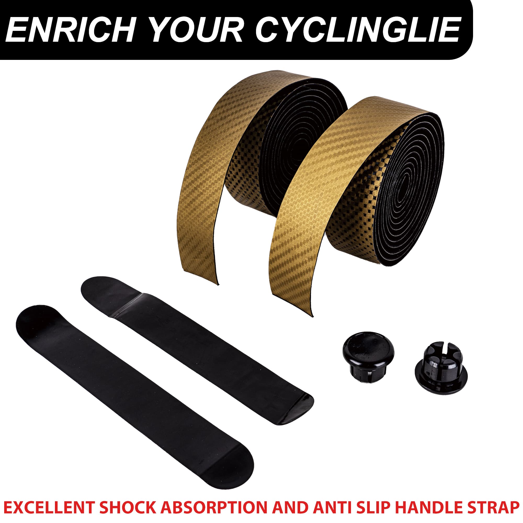 RidingRush Bike Grip Tape Carbon Fiber  (Black & Gold) - PU Leather Non-Slip EVA Handlebar Tape for Road and Gravel Bikes - Lightweight Grip Tape with End Plugs - 4