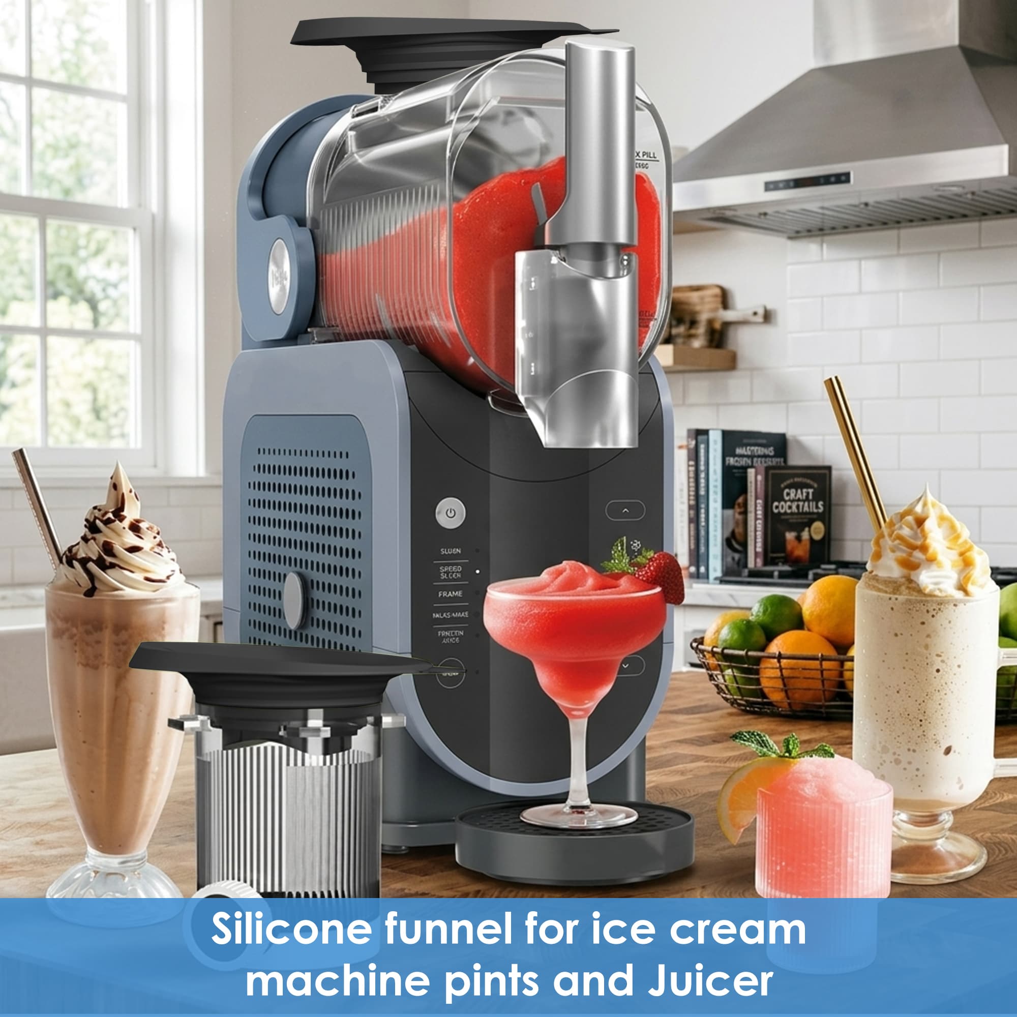 Anti-Splash Liquid Guide Cover Compatible with Ninja Slushie Machine FS301 FS300, Food-Grade Silicone Flow Hood & Foldable Funnel, Creami Swirl Pints Containers Accessories for No Spills (Black) - 4