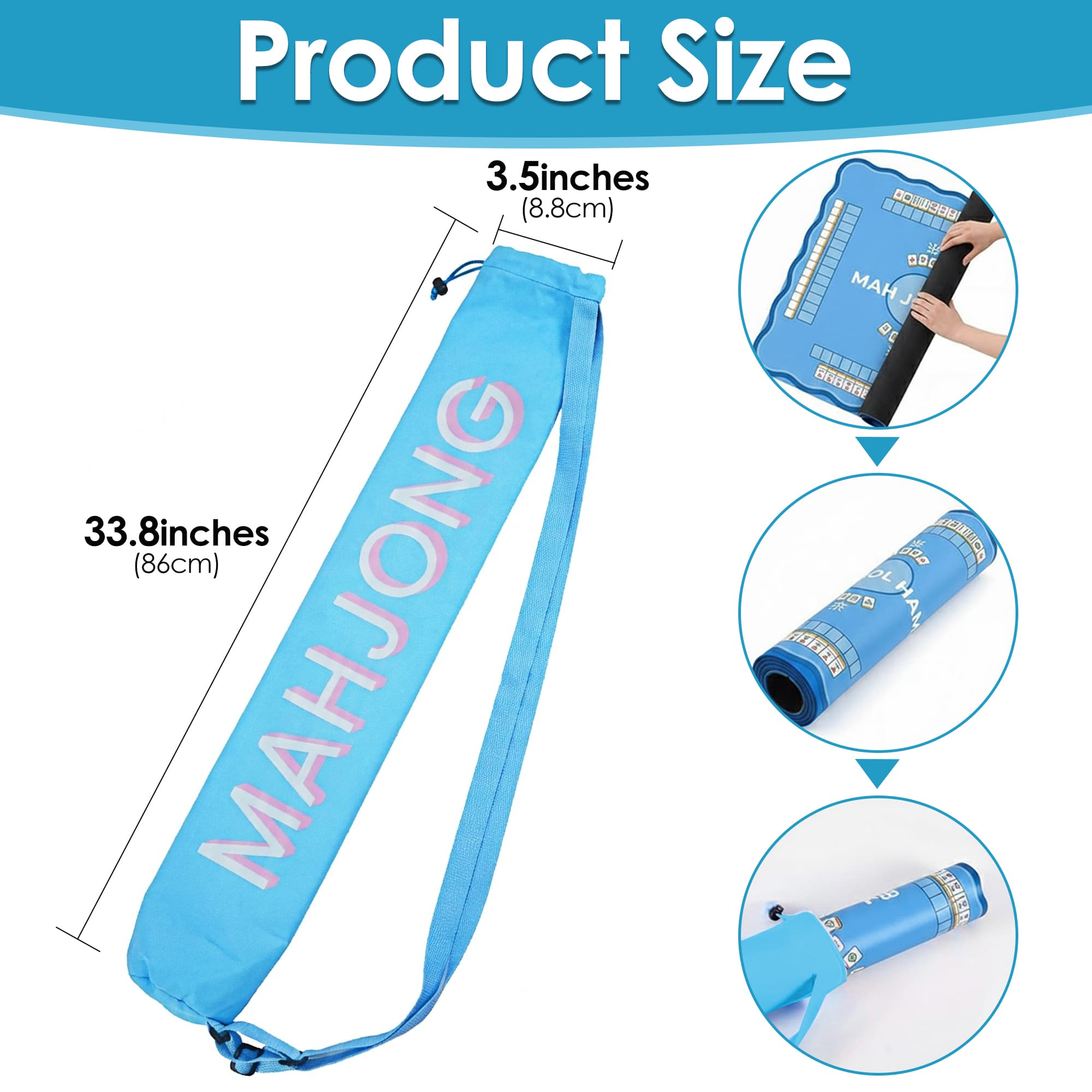 ReignSword Long Mahjong Mat Bag, 34 Inches Double-Shoulder Strap Mahjong Tile Bag with Drawstring, Lightweight Outdoor Portable Carrying Bag for Board Games, Yoga Mats (Blue) - 1