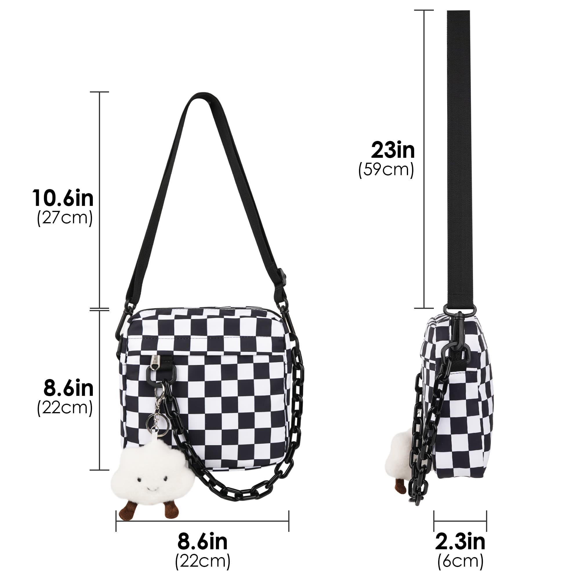 ReignSword Small Crossbody Messenger Bag for Women Men, Cute Nylon Shoulder Purse Bag with Detachable White Cloud Pendant, Checkered - 1