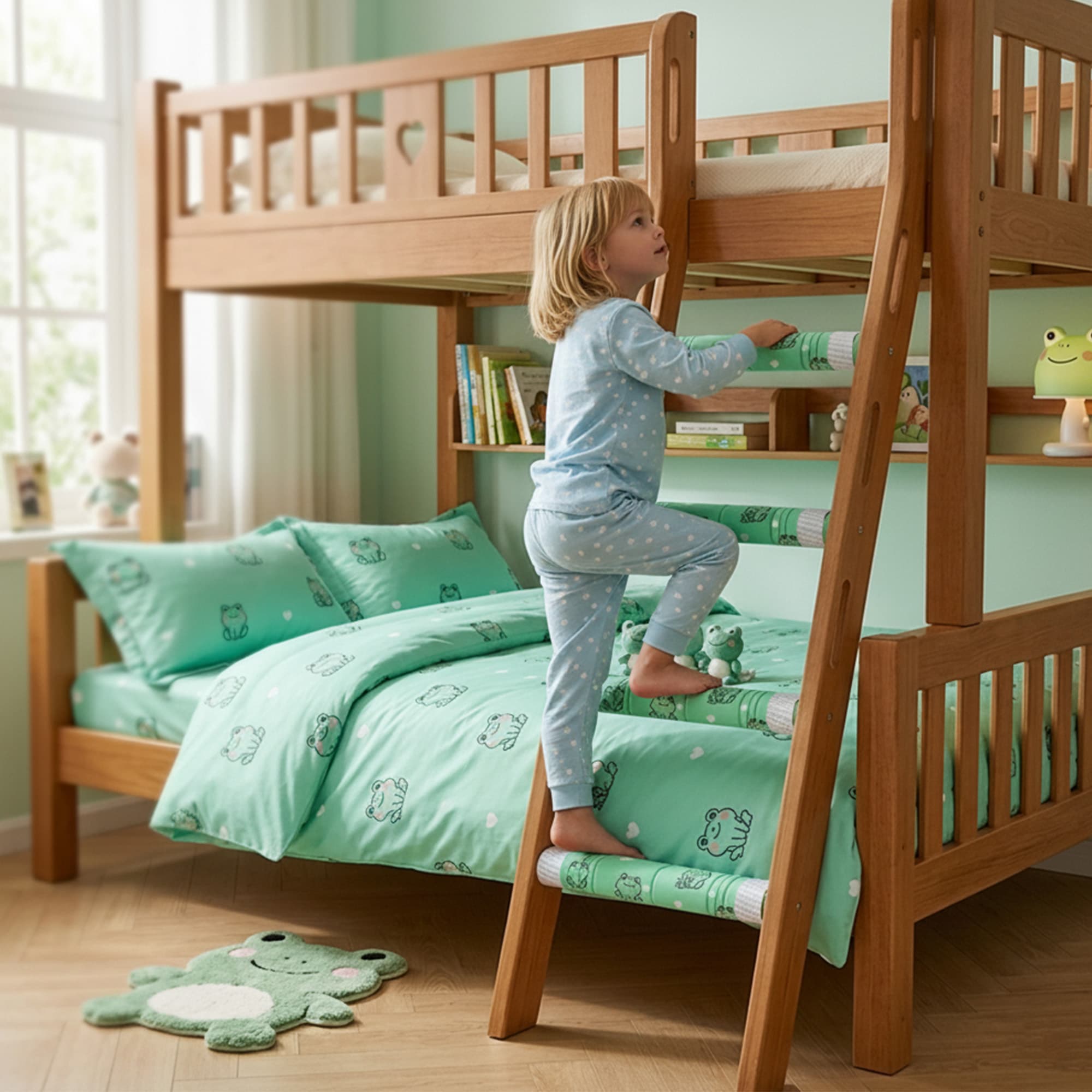 5Pcs Bunk Bed Ladder Pads, 30 x 25cm Bunk Ladder Cover with 10 Adjustable Straps, Comfortable Step Pads for Loft Bed, Suitable for Safe and Comfortable Climbing, Green Frog - 5
