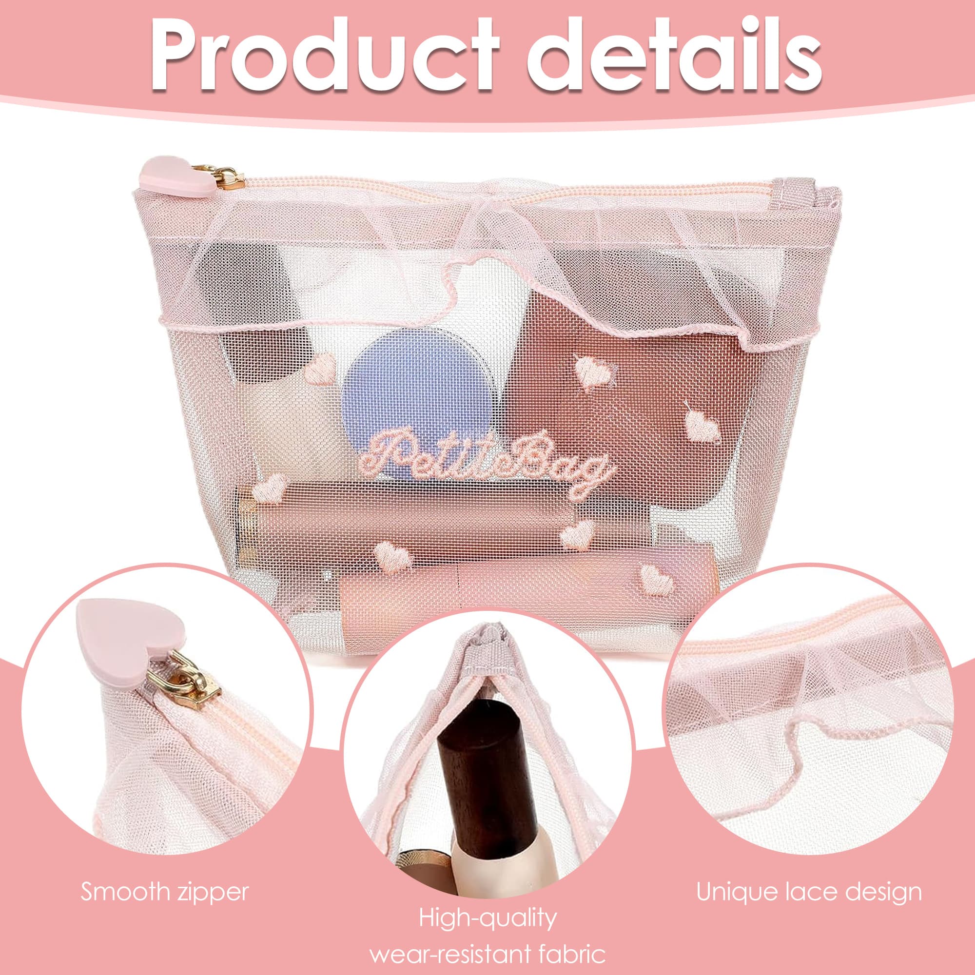 ReignSword 2 Pcs Cute Coquette Y2K Makeup Bags, Soft Mesh Zipper Storage Pouch for Earphones and Charging Cables, Travel Mini Bag for Women (Pink) - 2
