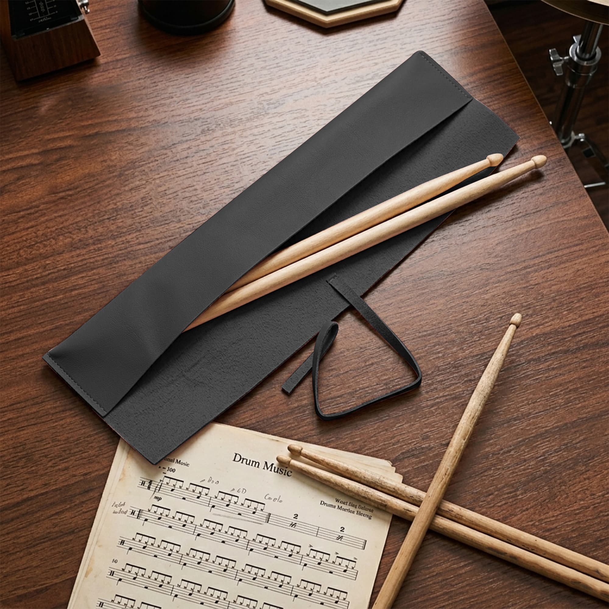 ReignSword Drum Stick Bag, Vegan Leather Drumstick Storage Holder with Fixing Strap, Portable Drumstick Organizer Sleeve for Drum Accessories, Black, 17 x 2.8 Inches - 2